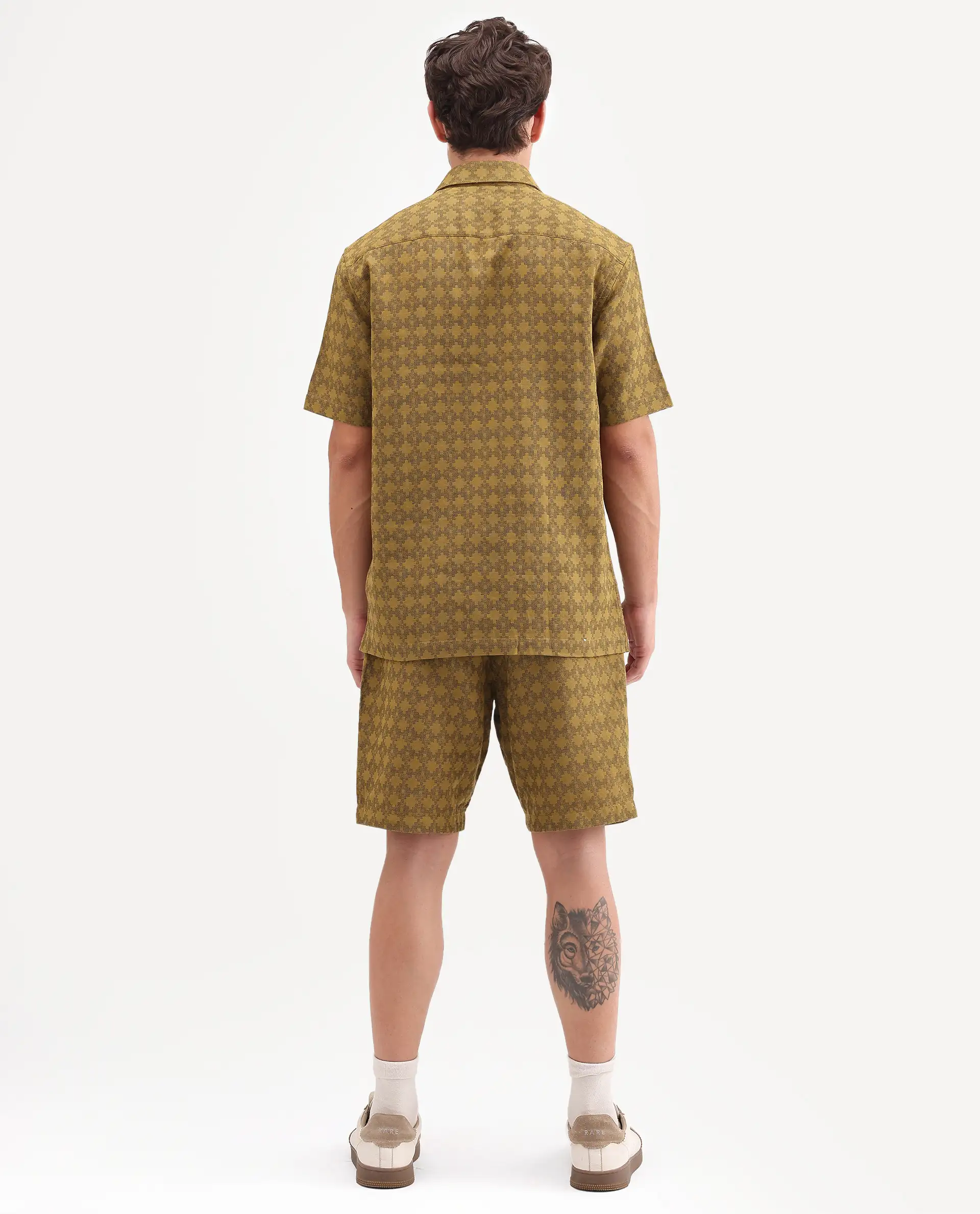 Rare Rabbit Men's Rance-T Mustard Cotton Fabric Regular Fit Plain Geometric Print Shorts - Image 8