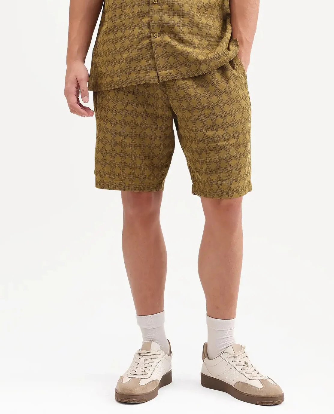 Rare Rabbit Men's Rance-T Mustard Cotton Fabric Regular Fit Plain Geometric Print Shorts - Image 9