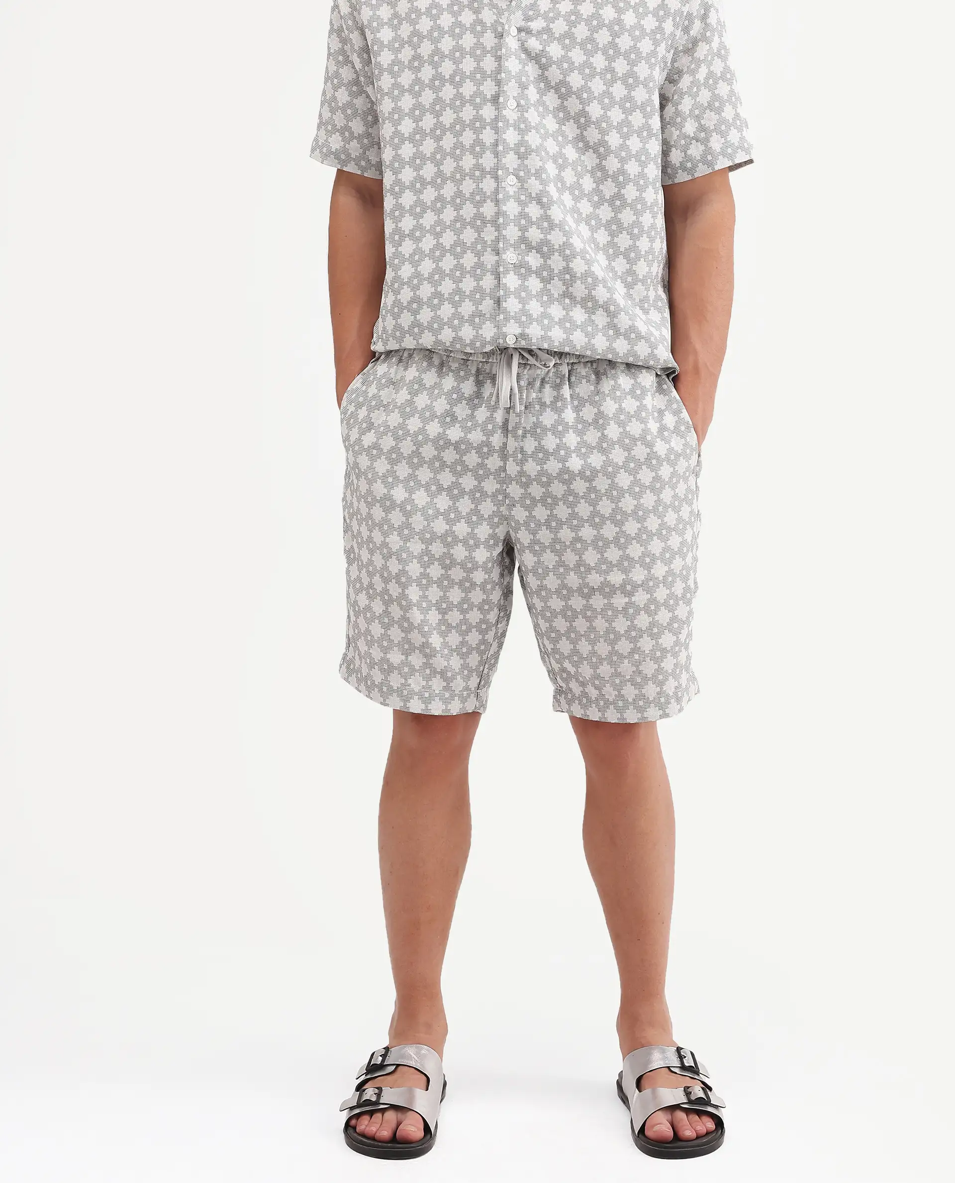 Rare Rabbit Men's Rance-T Off White Cotton Fabric Regular Fit Plain Geometric Print Shorts - Image 2