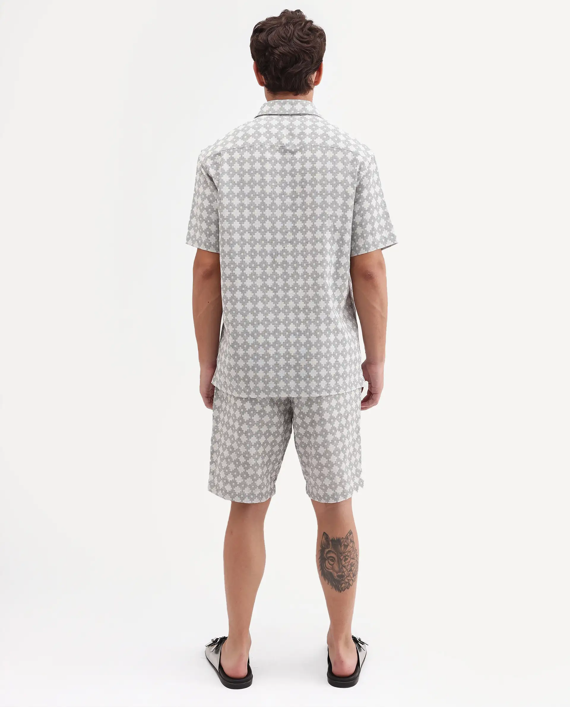 Rare Rabbit Men's Rance-T Off White Cotton Fabric Regular Fit Plain Geometric Print Shorts - Image 4
