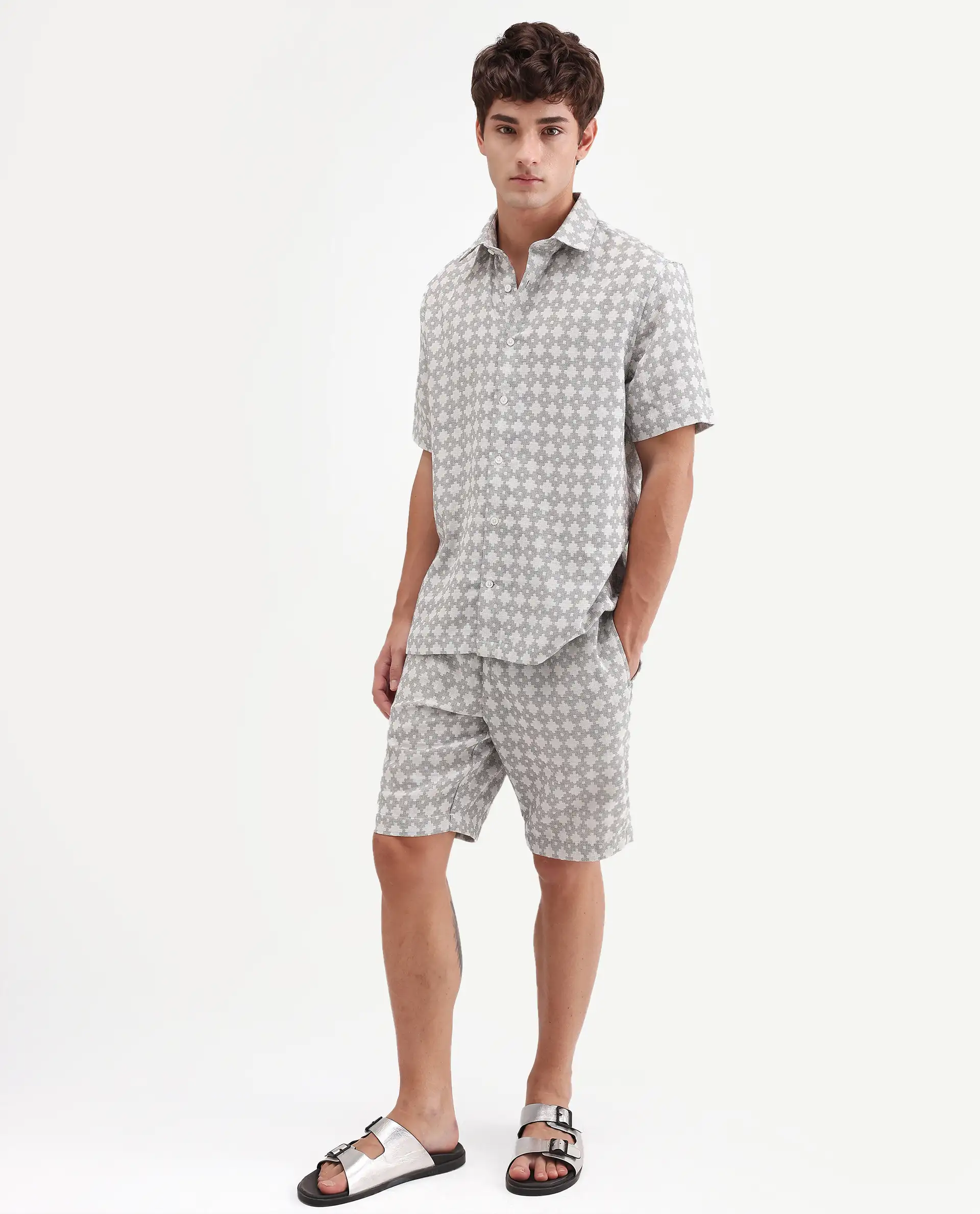 Rare Rabbit Men's Rance-T Off White Cotton Fabric Regular Fit Plain Geometric Print Shorts - Image 5