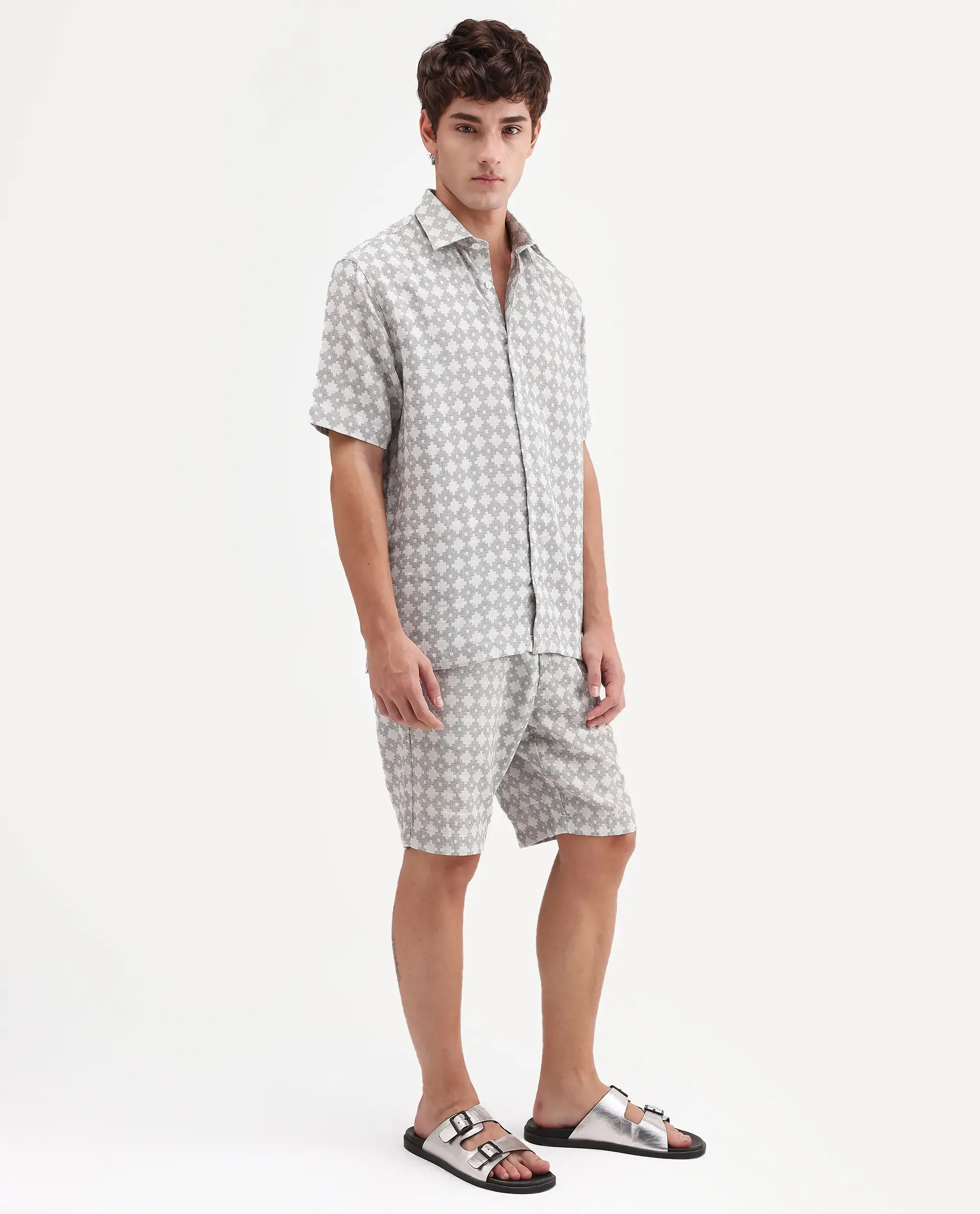 Rare Rabbit Men's Rance-T Off White Cotton Fabric Regular Fit Plain Geometric Print Shorts - Image 6