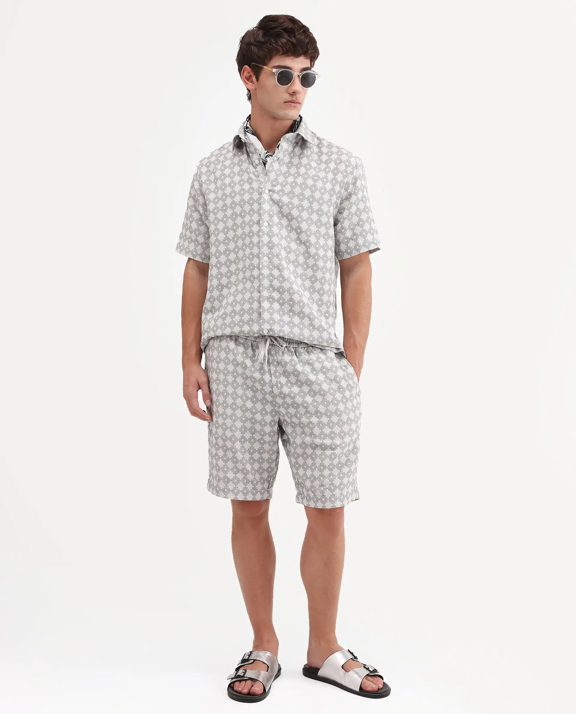 Rare Rabbit Men's Rance-T Off White Cotton Fabric Regular Fit Plain Geometric Print Shorts - Image 7