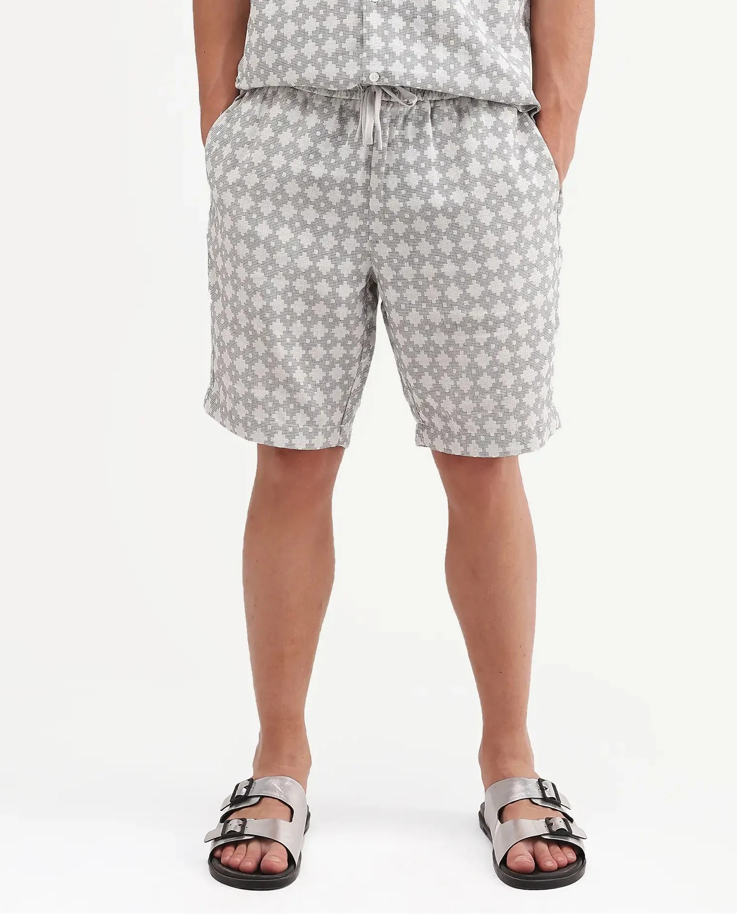 Rare Rabbit Men's Rance-T Off White Cotton Fabric Regular Fit Plain Geometric Print Shorts - Image 8