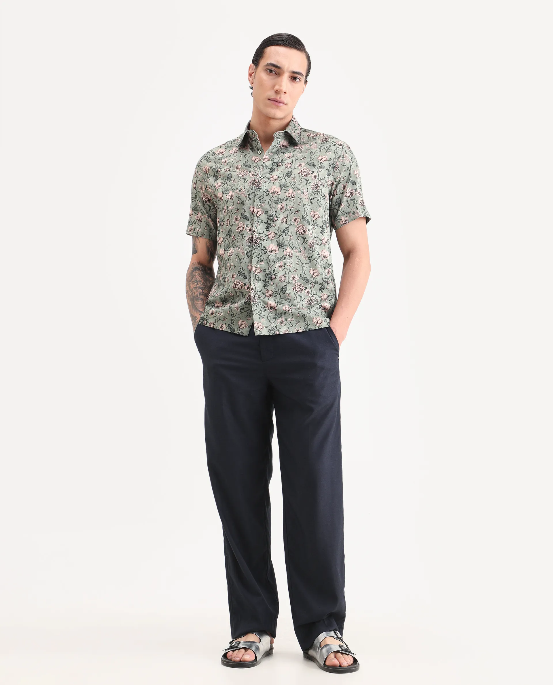 Rare Rabbit Men's Ranger Dark Green Cotton Fabric Half Sleeve Spread Collar Regular Fit Floral Print Shirt - Image 2