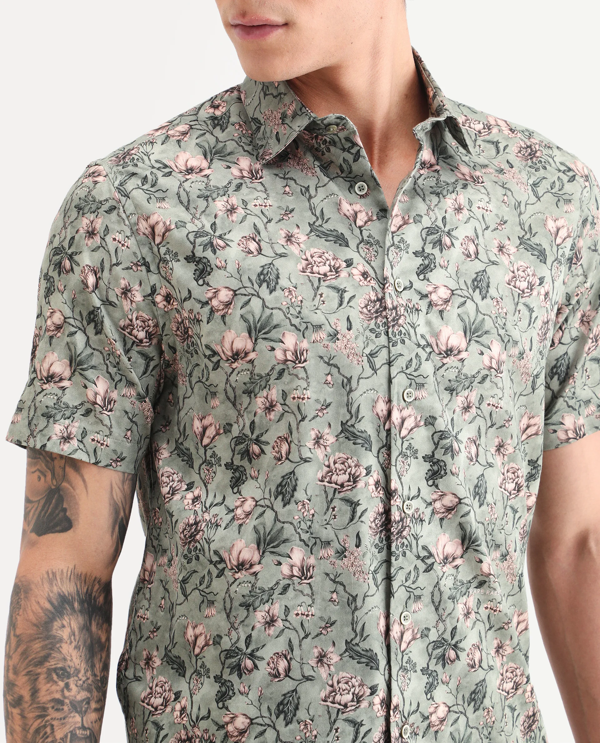 Rare Rabbit Men's Ranger Dark Green Cotton Fabric Half Sleeve Spread Collar Regular Fit Floral Print Shirt - Image 3