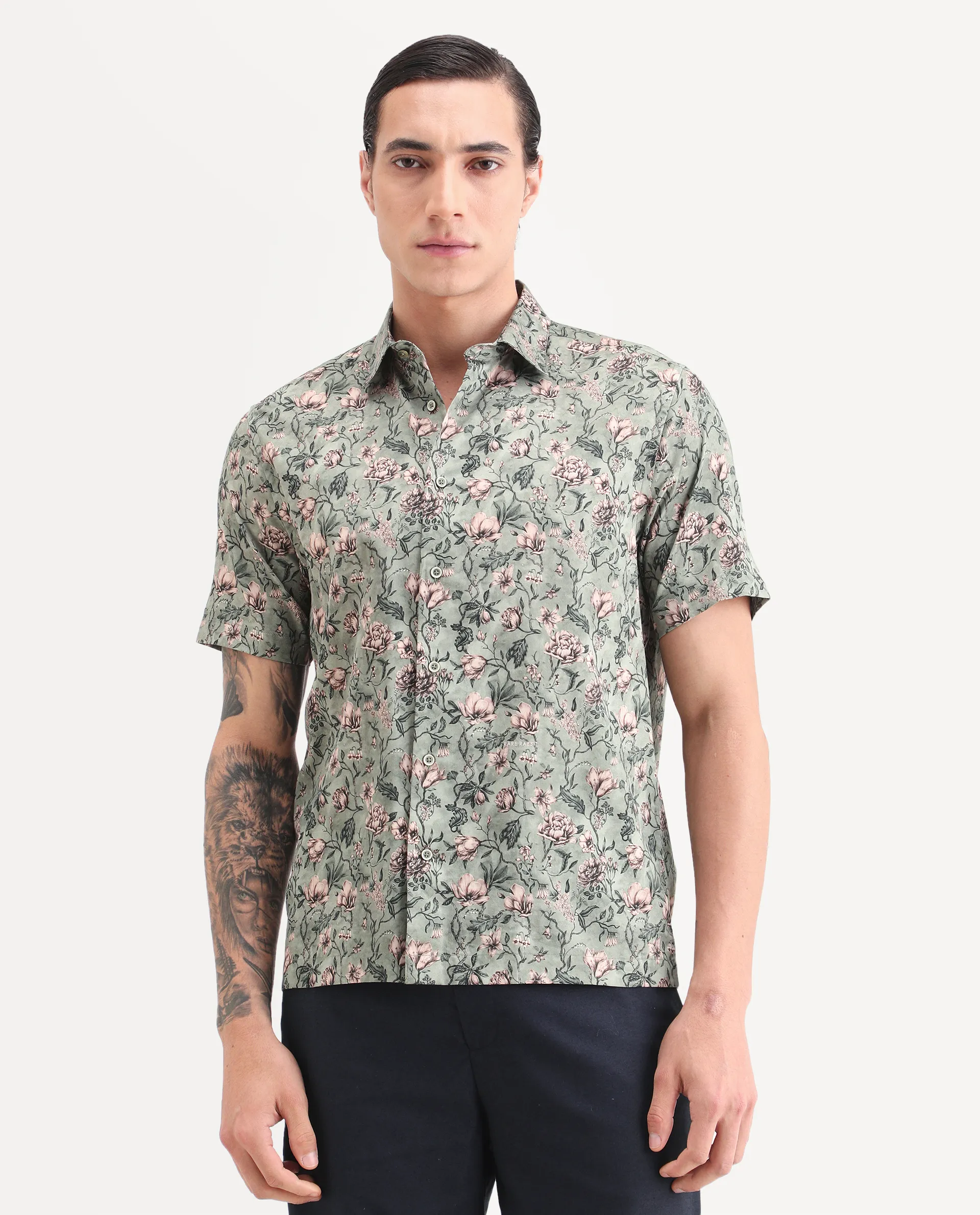 Rare Rabbit Men's Ranger Dark Green Cotton Fabric Half Sleeve Spread Collar Regular Fit Floral Print Shirt - Image 4