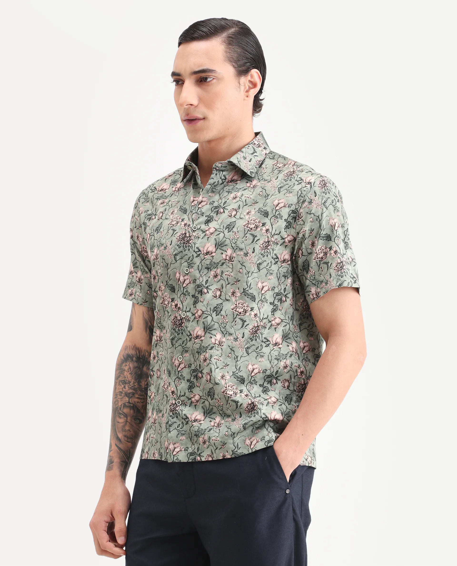 Rare Rabbit Men's Ranger Dark Green Cotton Fabric Half Sleeve Spread Collar Regular Fit Floral Print Shirt - Image 5
