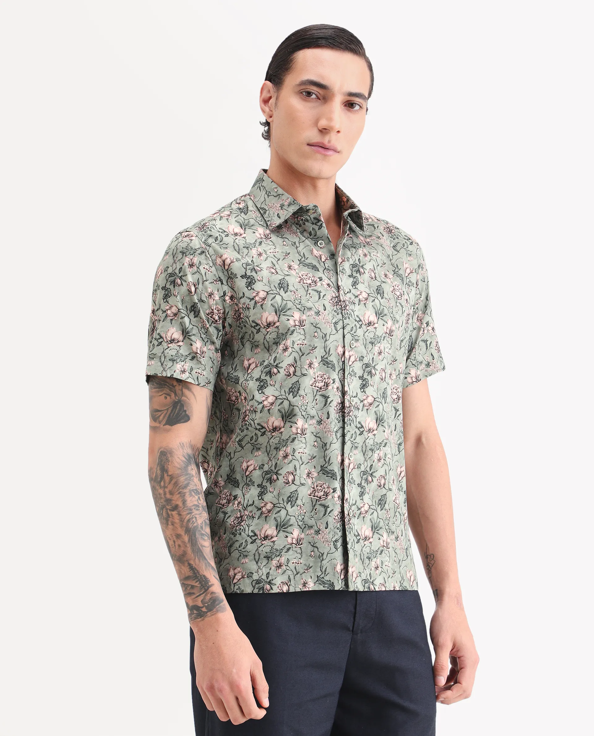 Rare Rabbit Men's Ranger Dark Green Cotton Fabric Half Sleeve Spread Collar Regular Fit Floral Print Shirt - Image 6