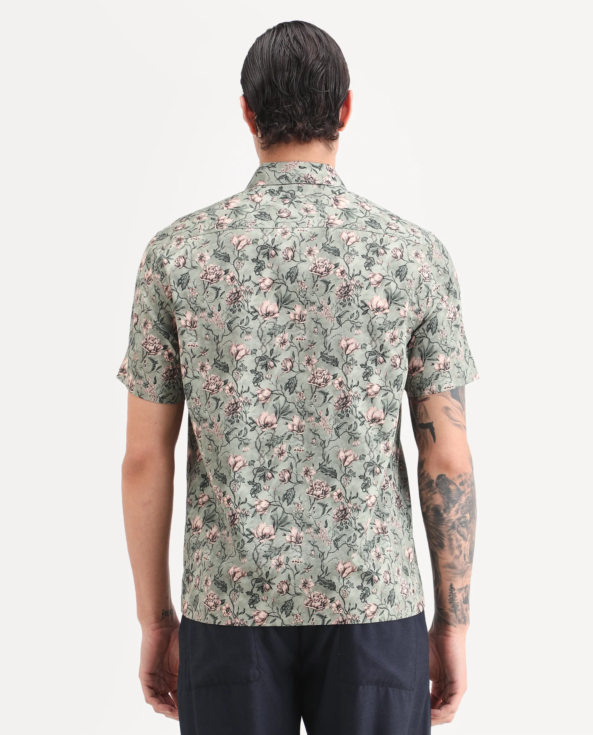Rare Rabbit Men's Ranger Dark Green Cotton Fabric Half Sleeve Spread Collar Regular Fit Floral Print Shirt - Image 7