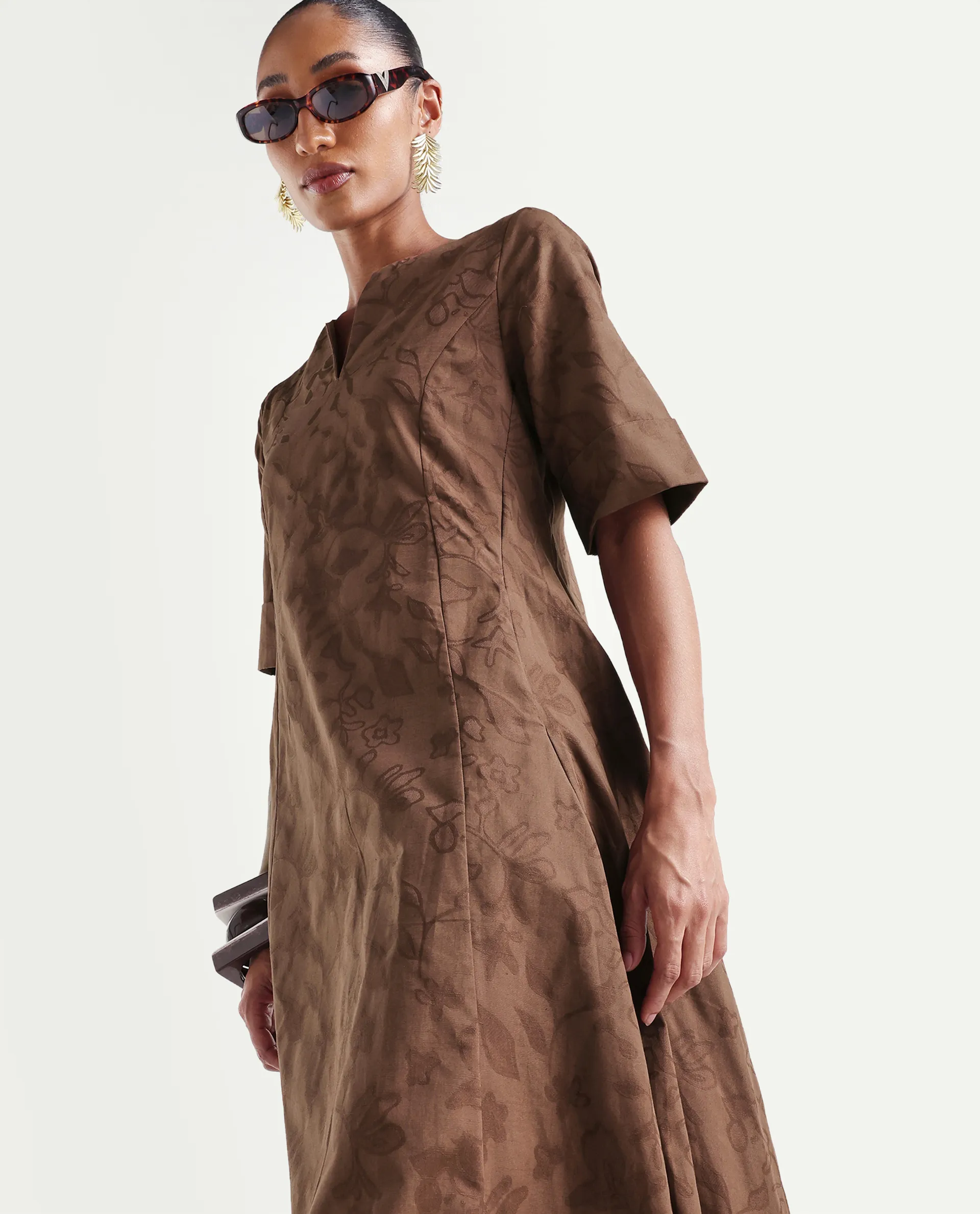 Rareism Women's Ranlin Brown Cotton Crew Neck Regular Jacquard Dress - Image 2