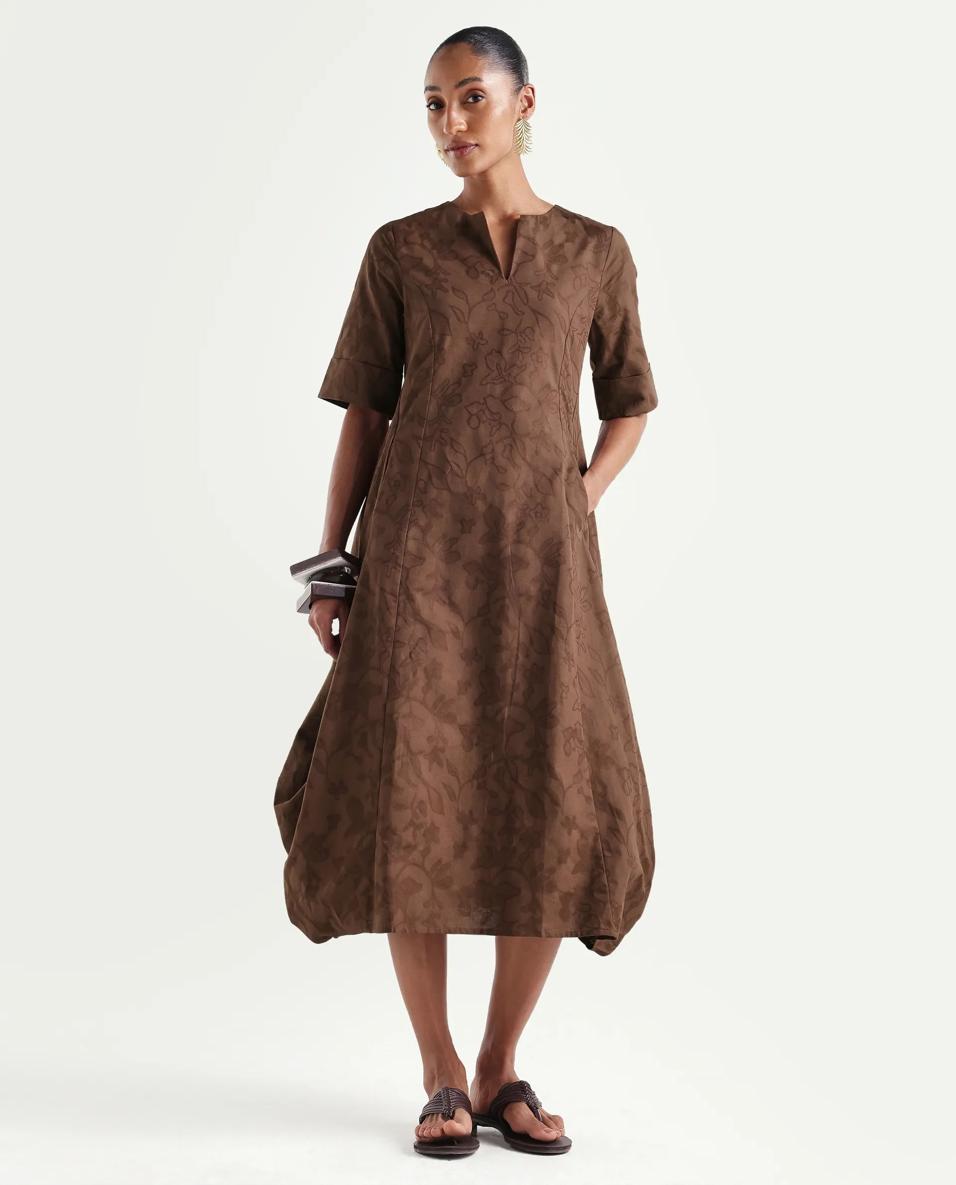 Rareism Women's Ranlin Brown Cotton Crew Neck Regular Jacquard Dress - Image 3