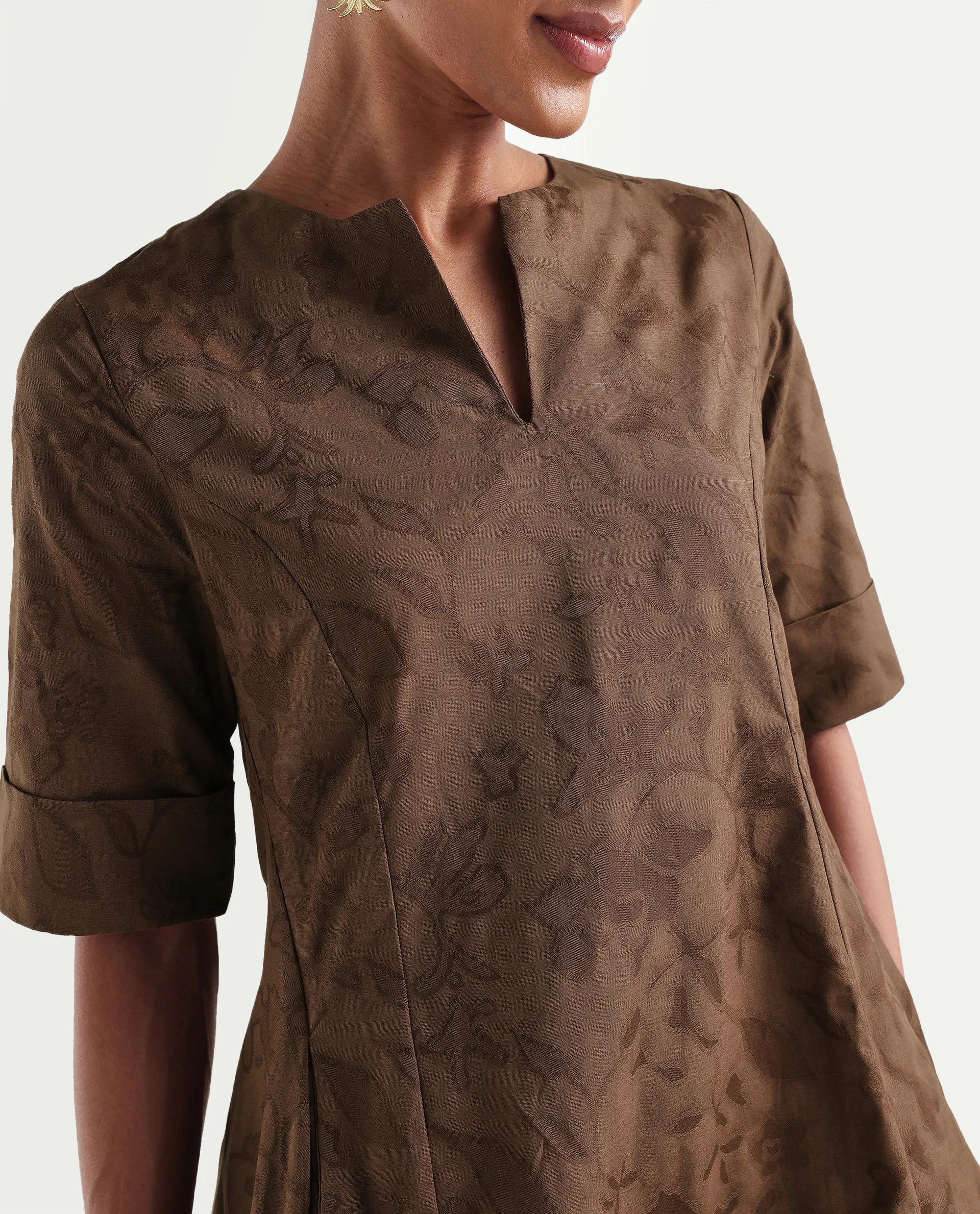 Rareism Women's Ranlin Brown Cotton Crew Neck Regular Jacquard Dress - Image 4