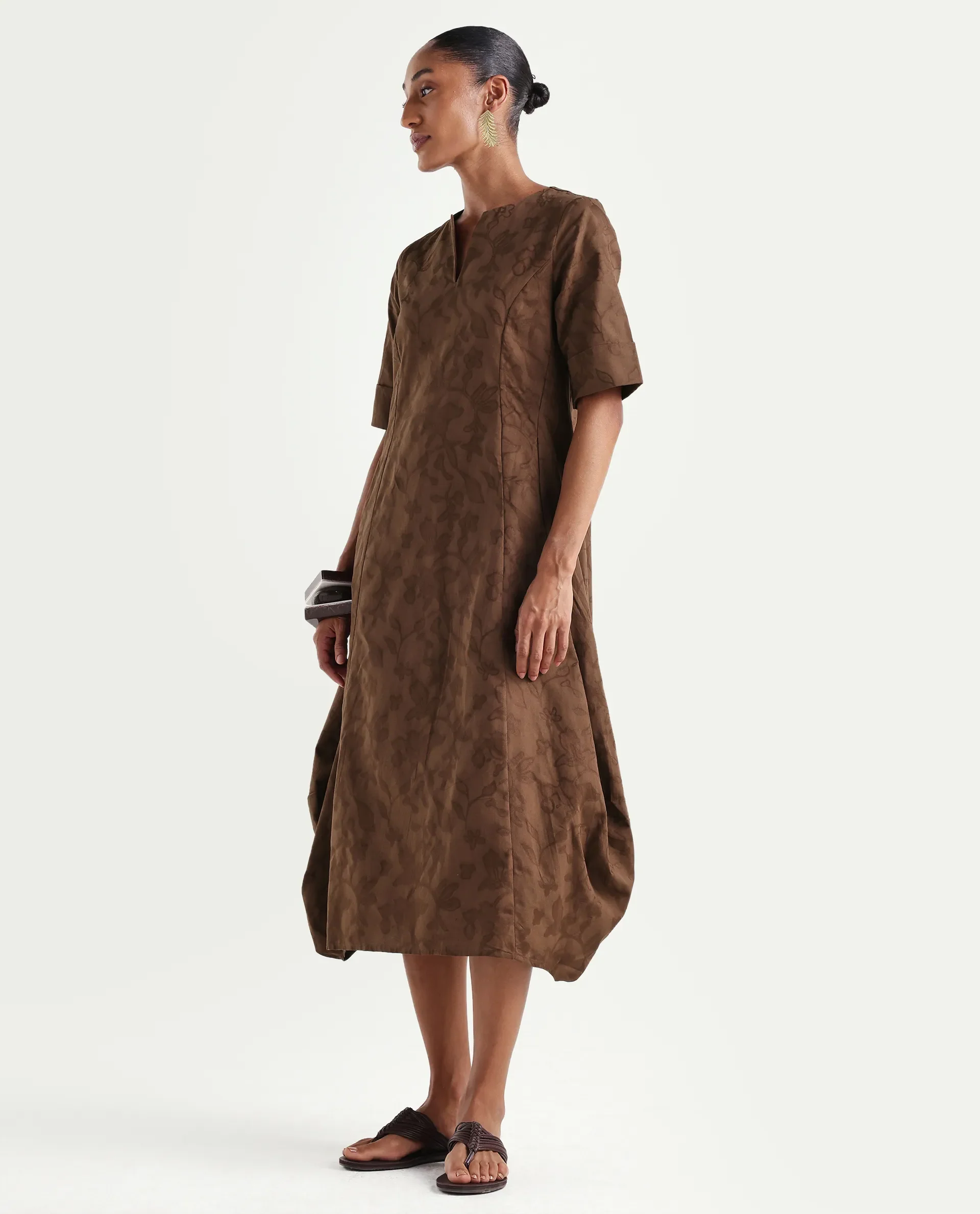 Rareism Women's Ranlin Brown Cotton Crew Neck Regular Jacquard Dress - Image 5