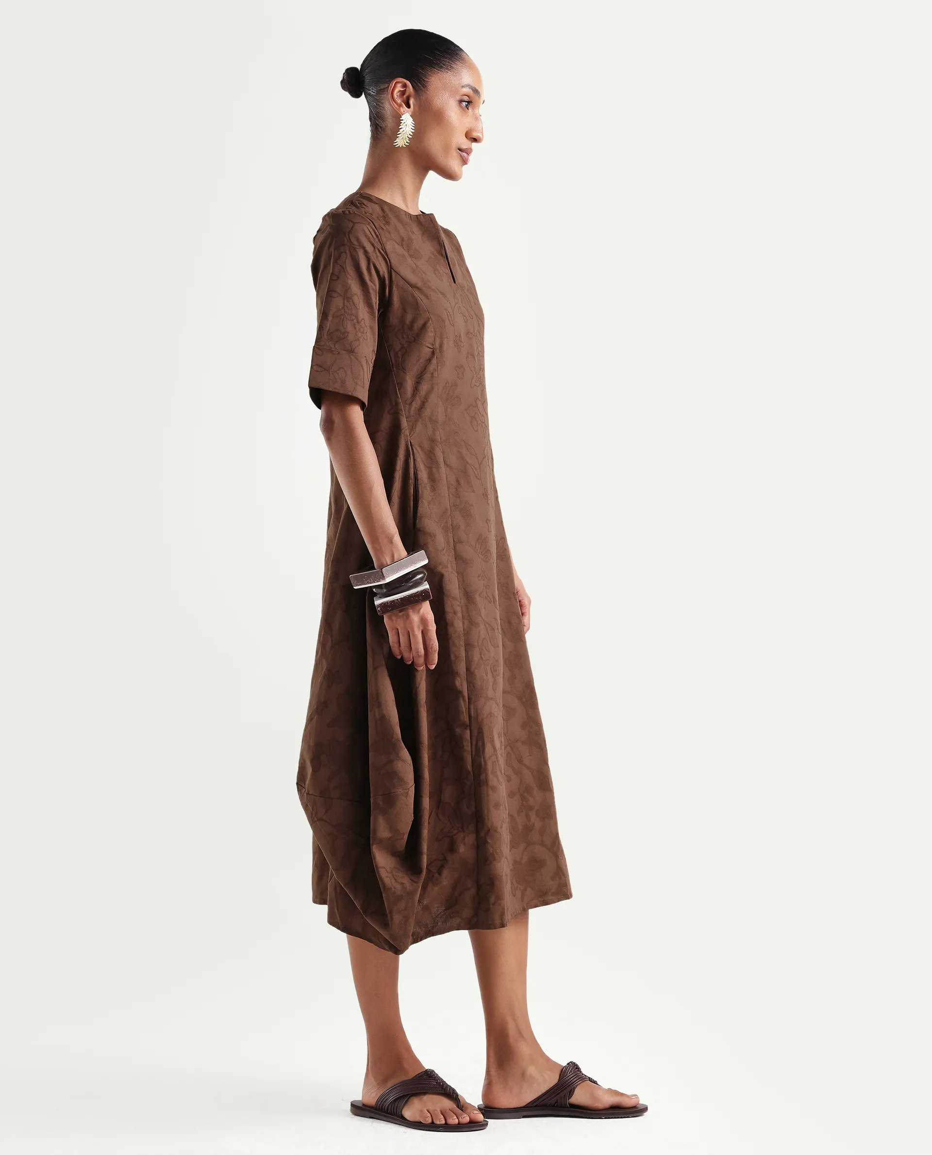Rareism Women's Ranlin Brown Cotton Crew Neck Regular Jacquard Dress - Image 6