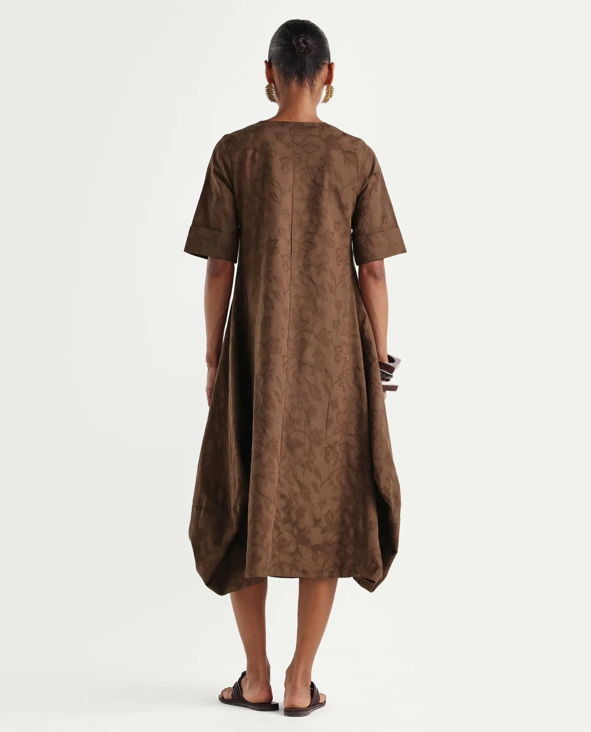 Rareism Women's Ranlin Brown Cotton Crew Neck Regular Jacquard Dress - Image 7