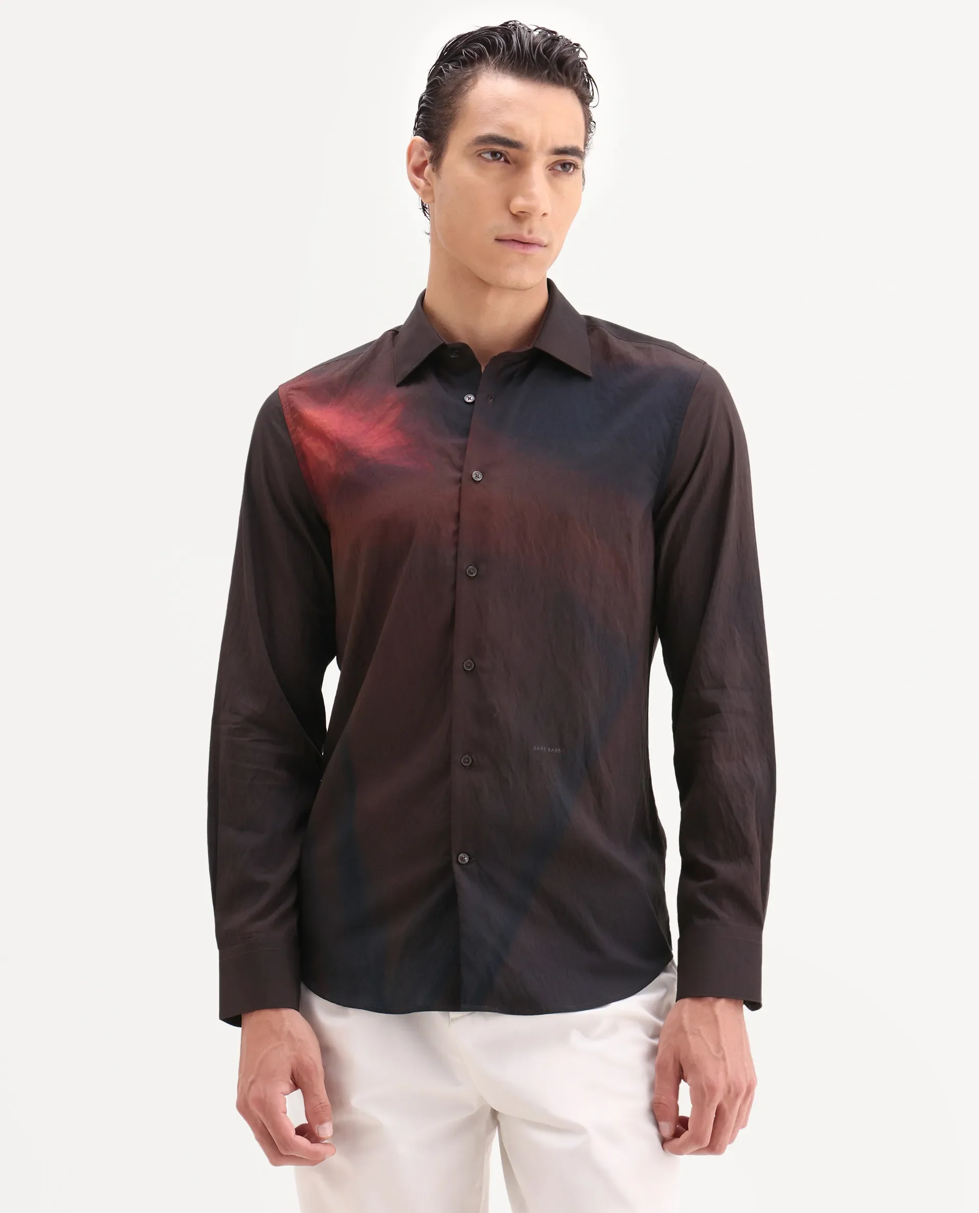 Rare Rabbit Men's Rano Dusky Brown Viscose Blend Fabric Collared Neck Regular Fit Abstract Print Shirt - Image 4