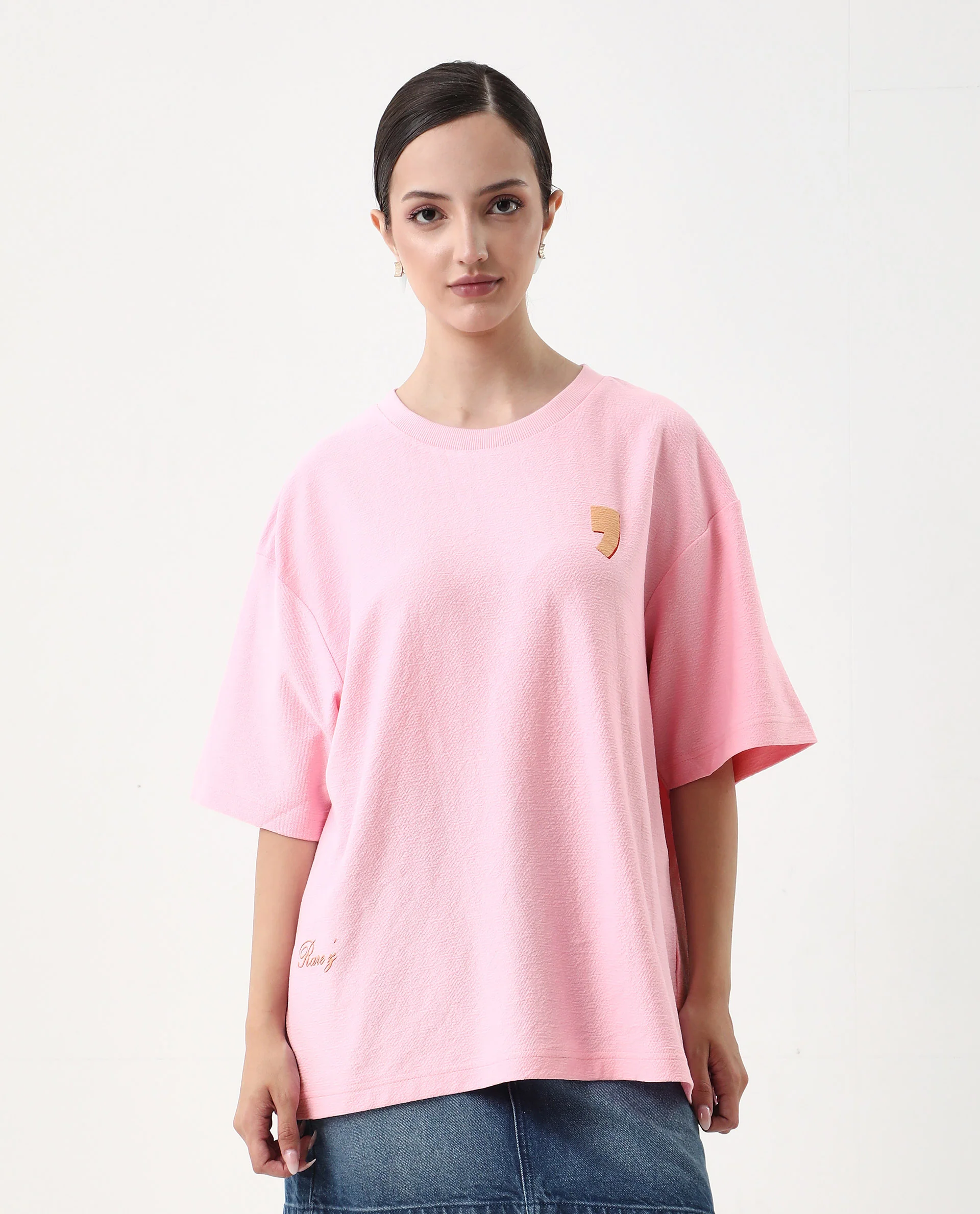 Rareism Women's Ransa Pink Cotton Graphic Print Oversized T-Shirt - Image 2