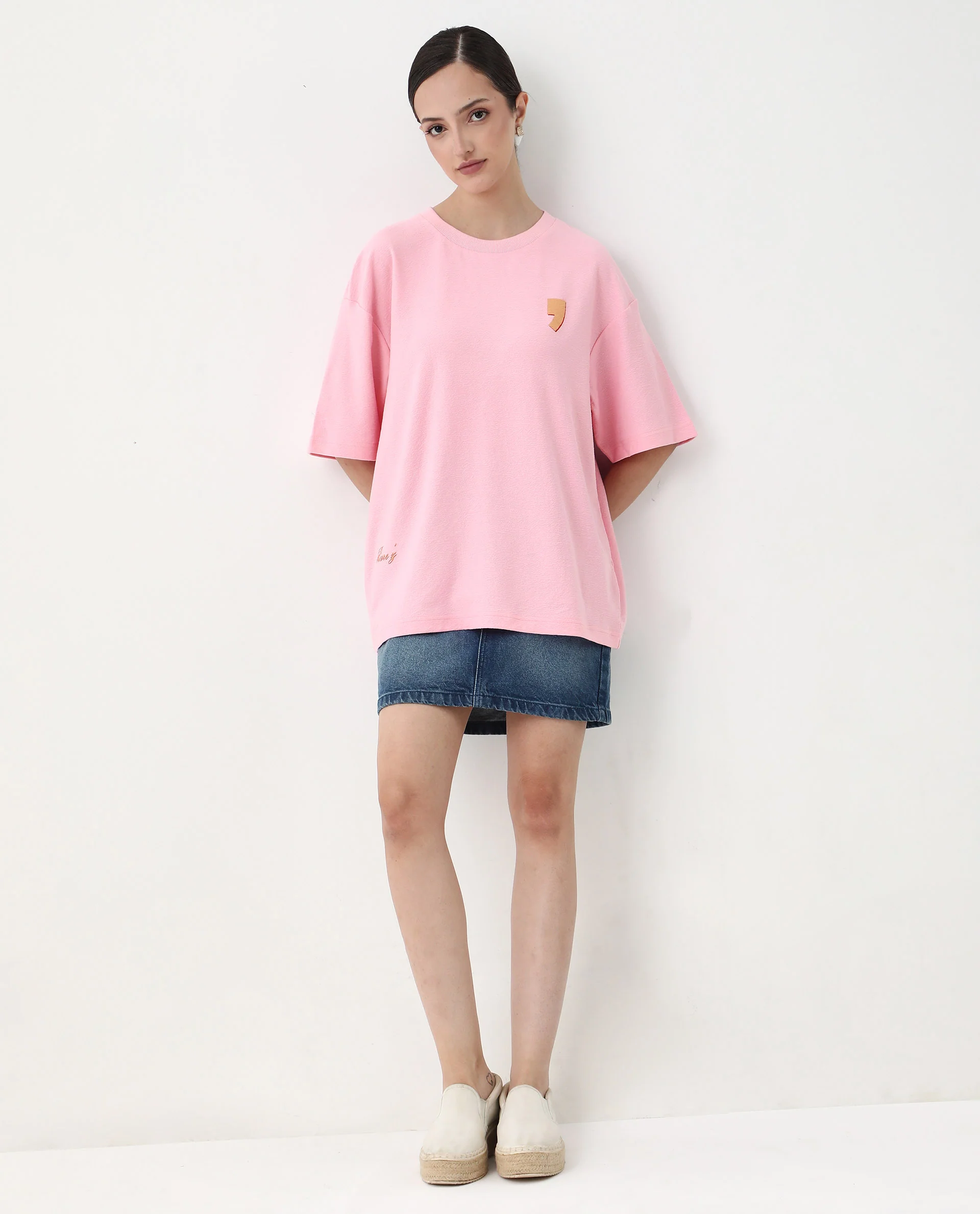 Rareism Women's Ransa Pink Cotton Graphic Print Oversized T-Shirt - Image 6
