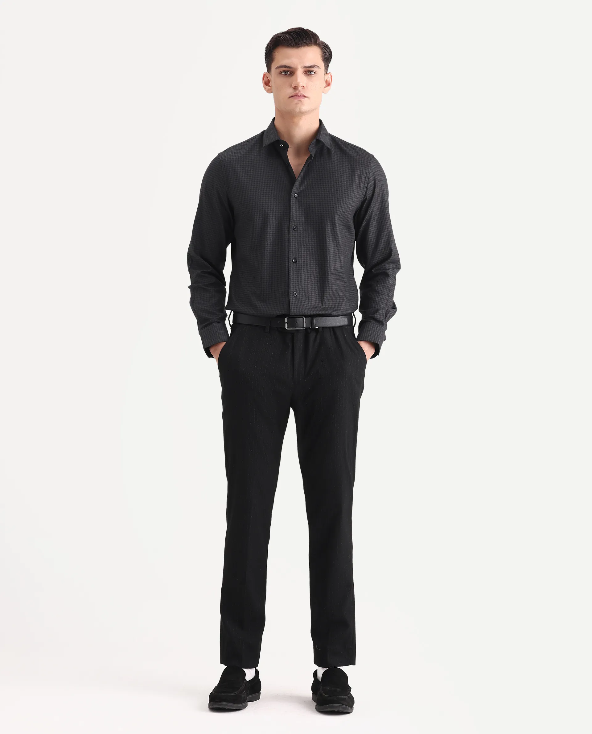 Rare Rabbit Men's Rapid-25 Black Cotton Fabric Collared Neck Regular Fit Checks Shirt - Image 2