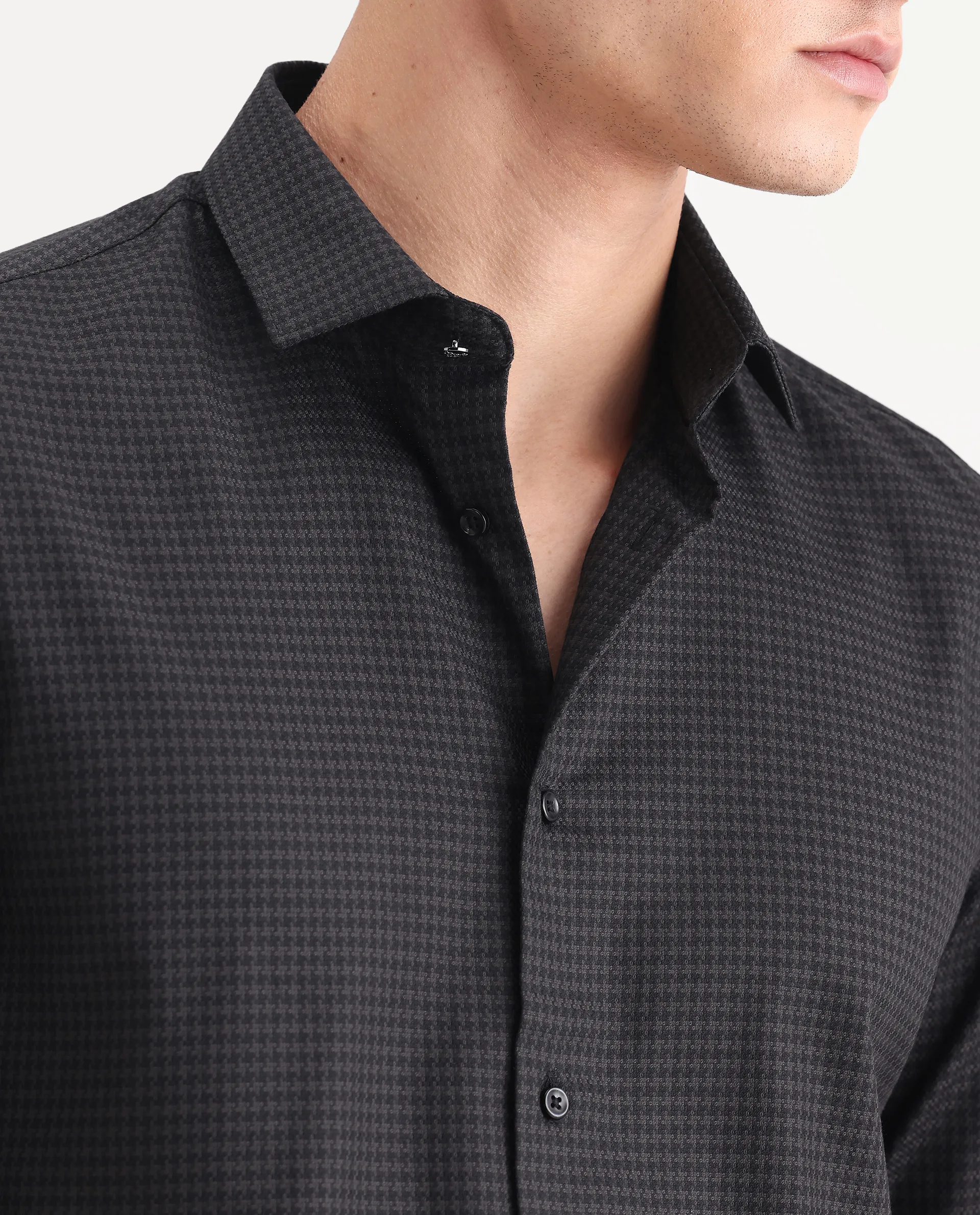Rare Rabbit Men's Rapid-25 Black Cotton Fabric Collared Neck Regular Fit Checks Shirt - Image 3
