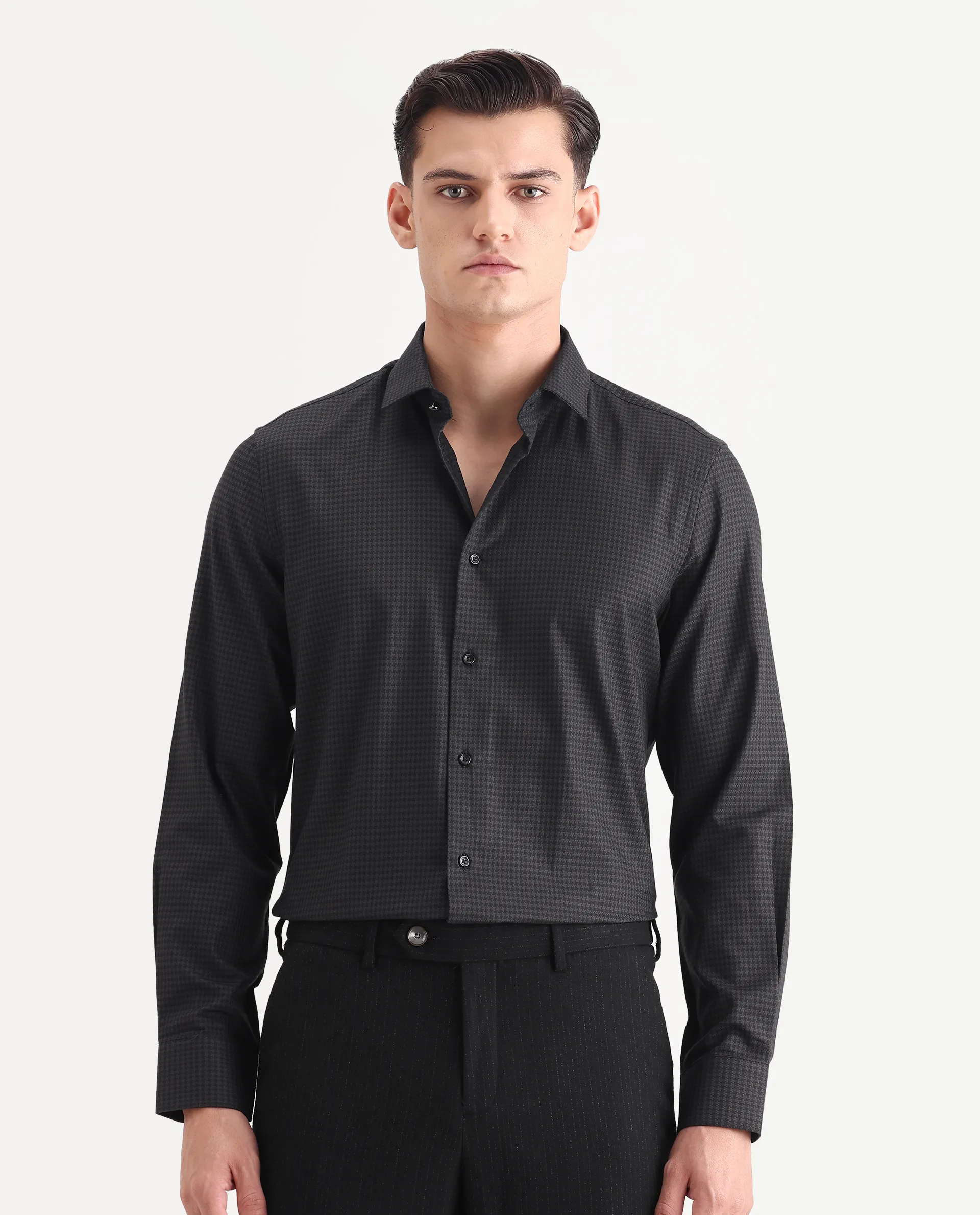Rare Rabbit Men's Rapid-25 Black Cotton Fabric Collared Neck Regular Fit Checks Shirt - Image 4