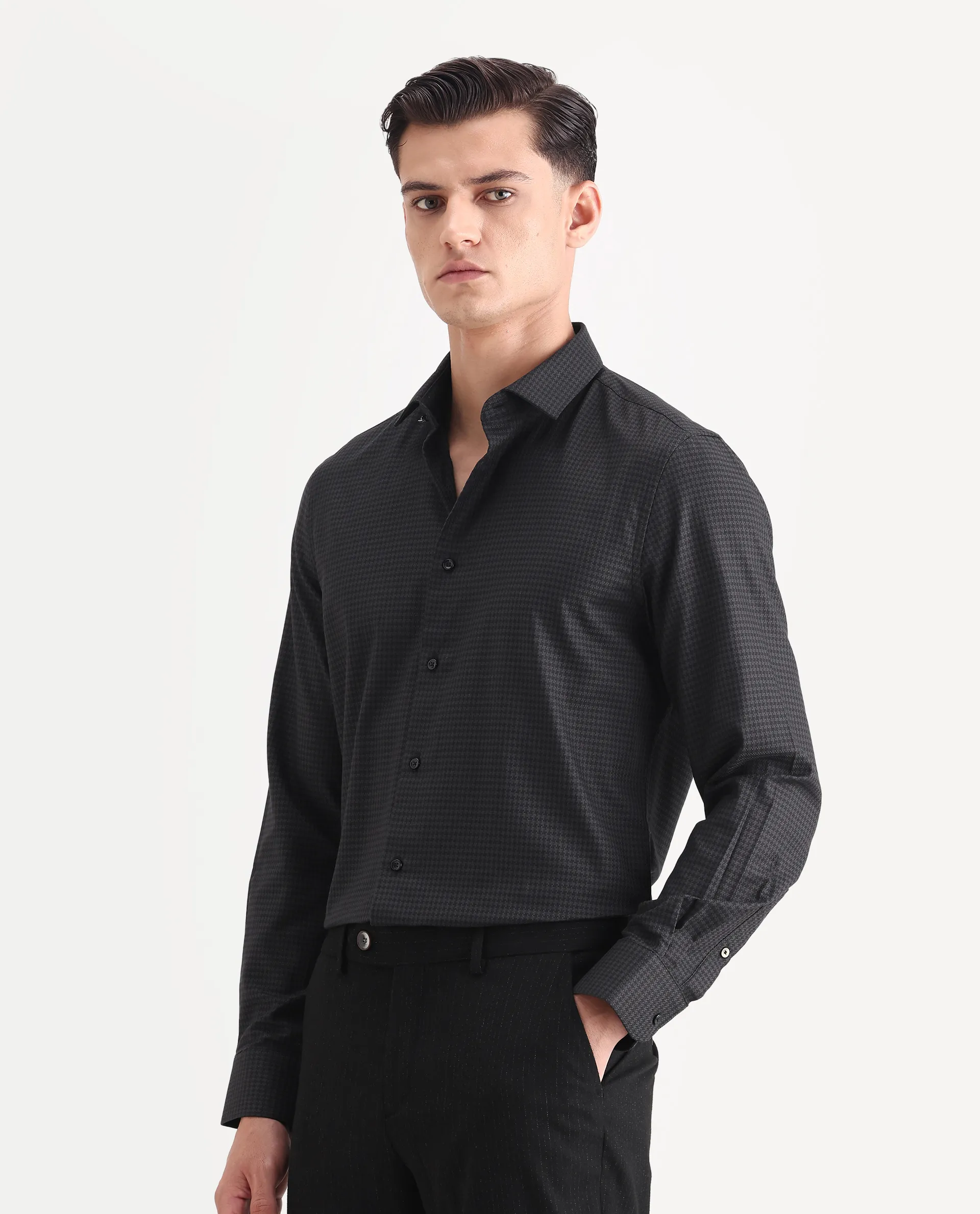 Rare Rabbit Men's Rapid-25 Black Cotton Fabric Collared Neck Regular Fit Checks Shirt - Image 5