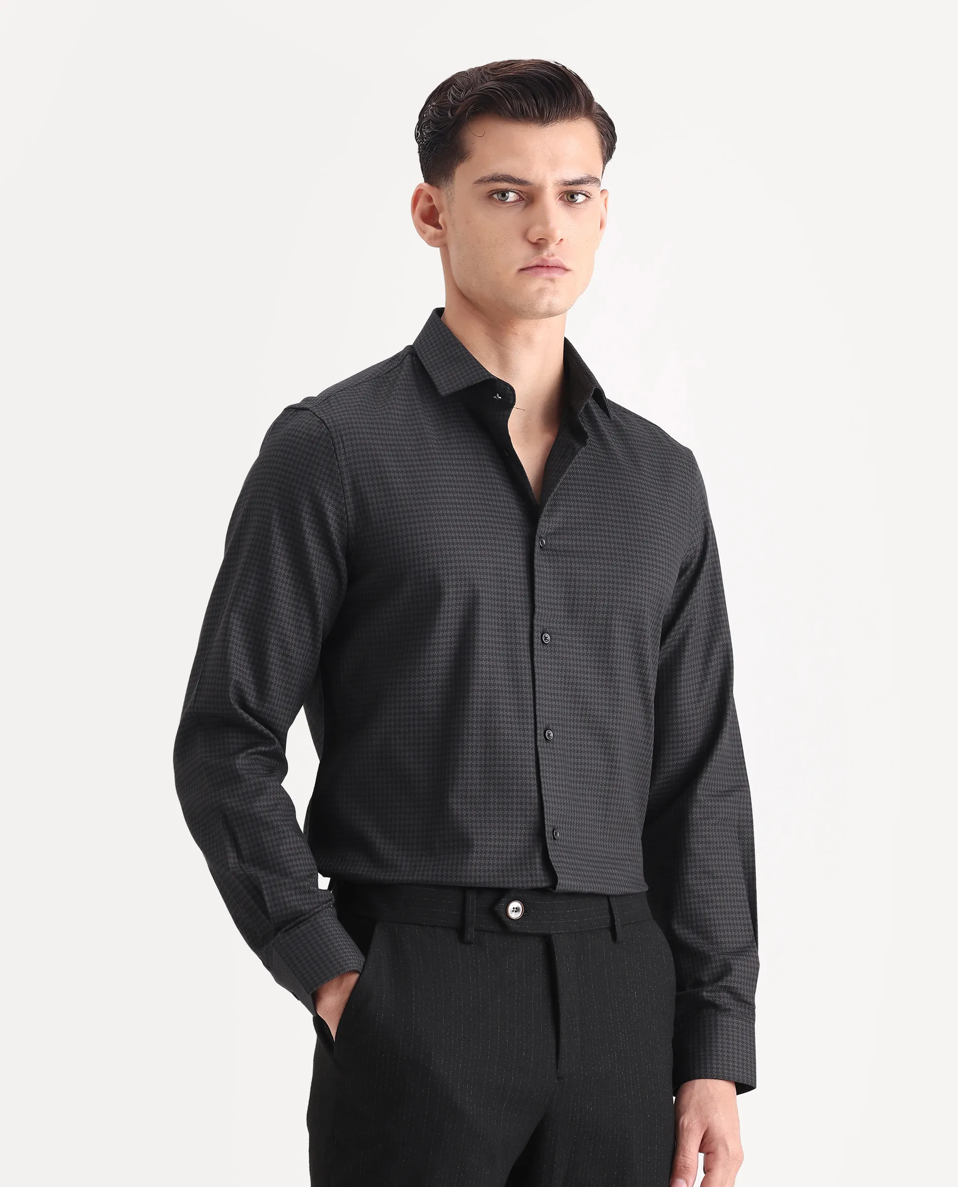 Rare Rabbit Men's Rapid-25 Black Cotton Fabric Collared Neck Regular Fit Checks Shirt - Image 6