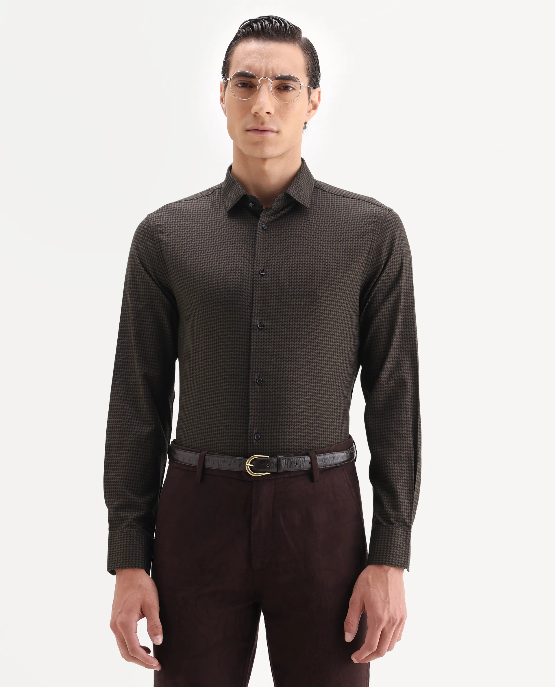 Rare Rabbit Men's Rapid-25 Brown Cotton Fabric Collared Neck Regular Fit Checks Shirt