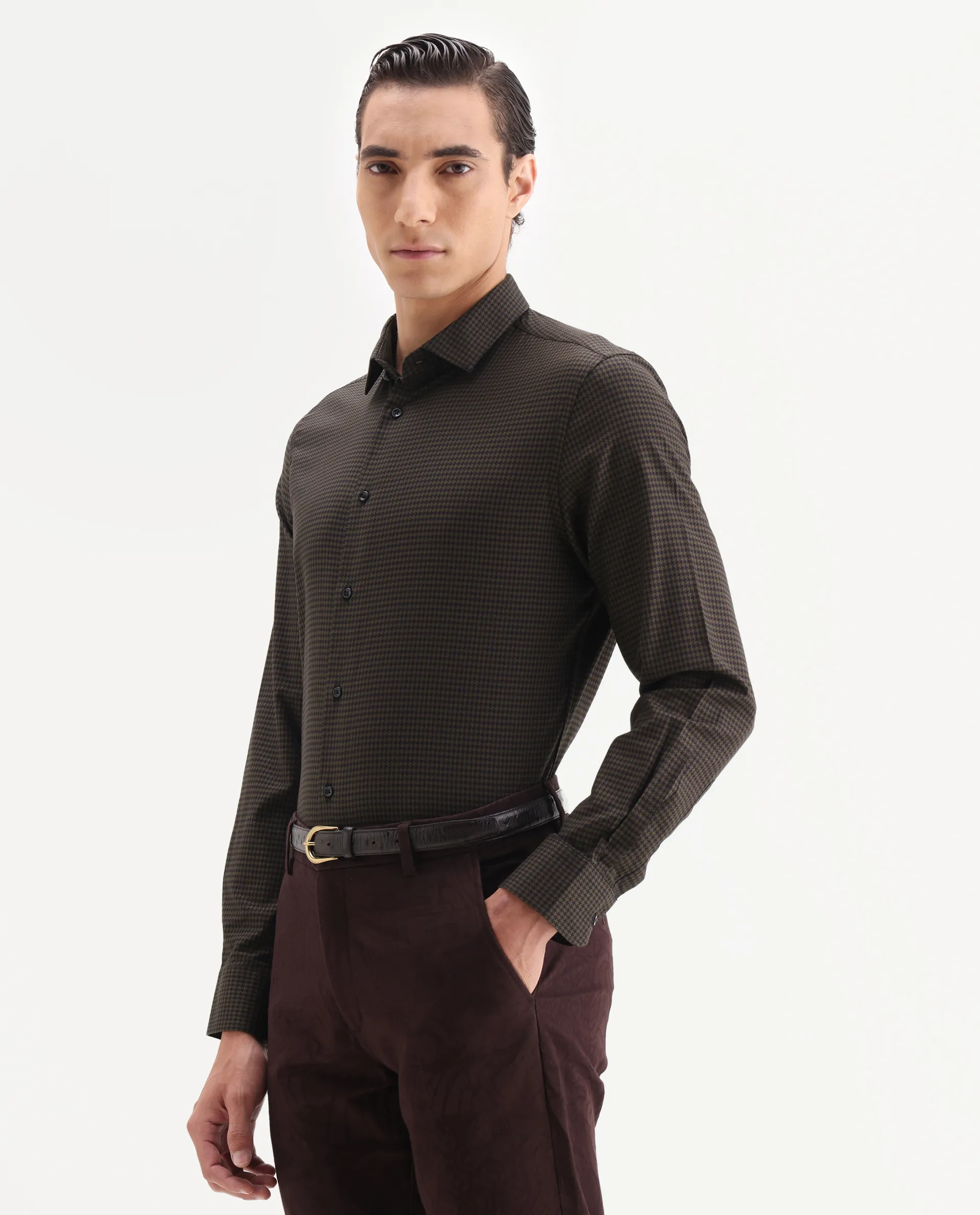 Rare Rabbit Men's Rapid-25 Brown Cotton Fabric Collared Neck Regular Fit Checks Shirt - Image 5