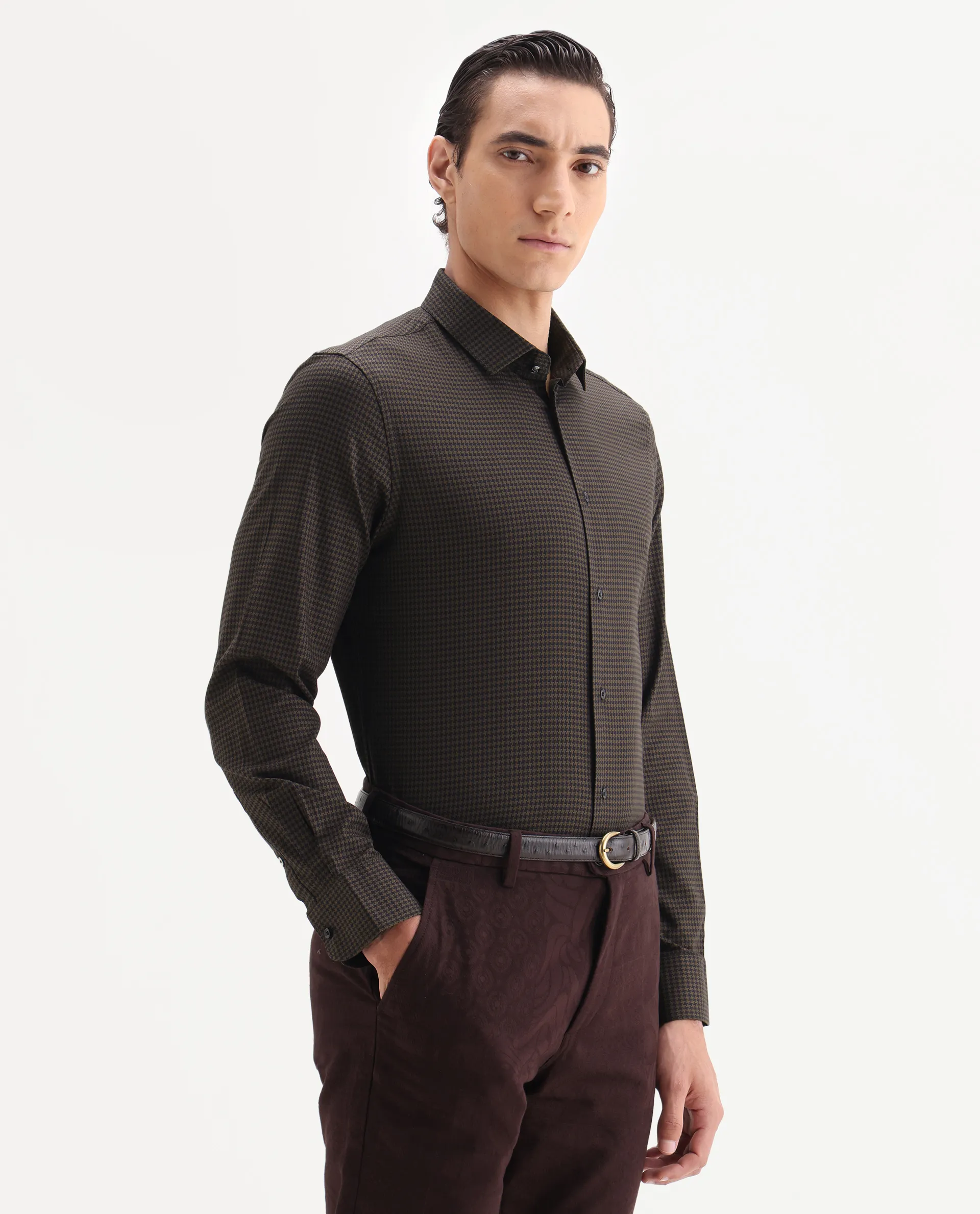 Rare Rabbit Men's Rapid-25 Brown Cotton Fabric Collared Neck Regular Fit Checks Shirt - Image 6