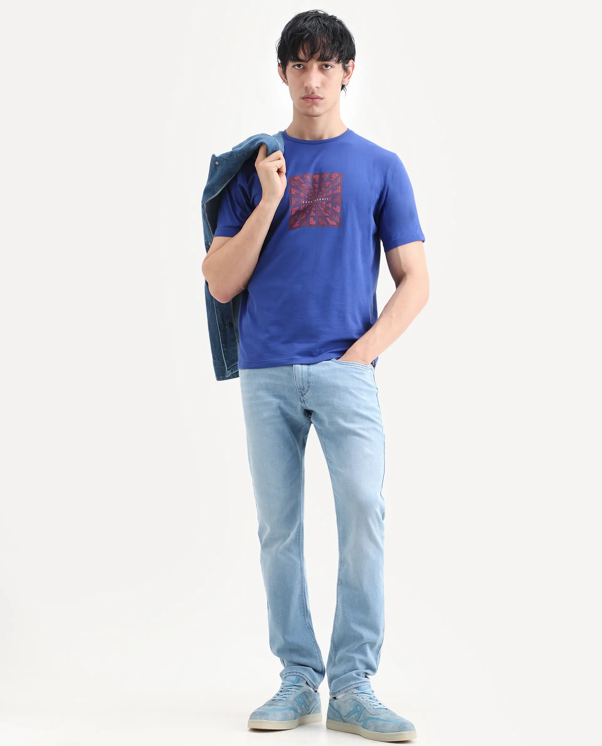 Rare Rabbit Men's Rapo Flouroscent Blue Cotton Blend Fabric Half Sleeve Crew Neck Regular Fit Graphic Print T-Shirt - Image 2