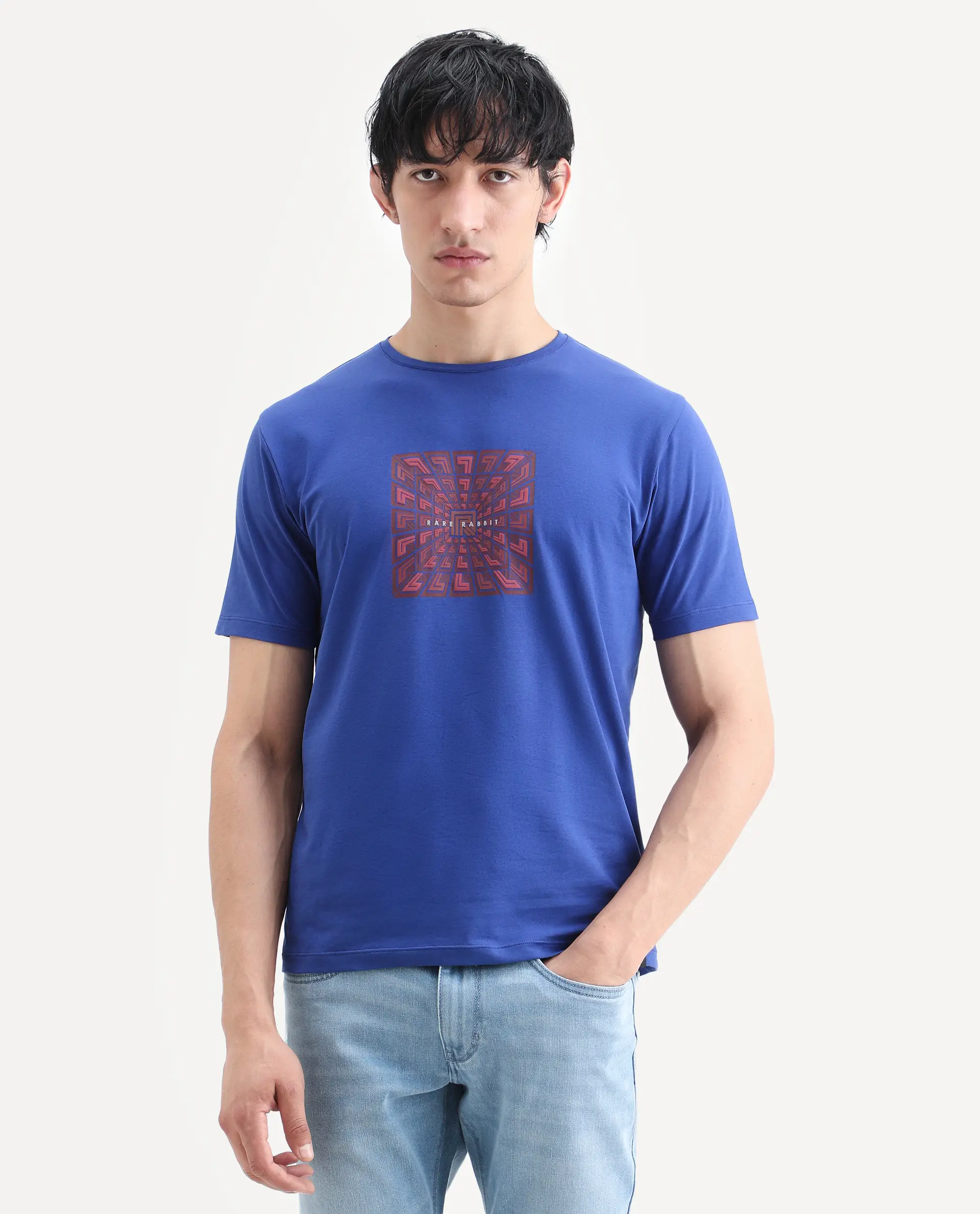 Rare Rabbit Men's Rapo Flouroscent Blue Cotton Blend Fabric Half Sleeve Crew Neck Regular Fit Graphic Print T-Shirt - Image 4