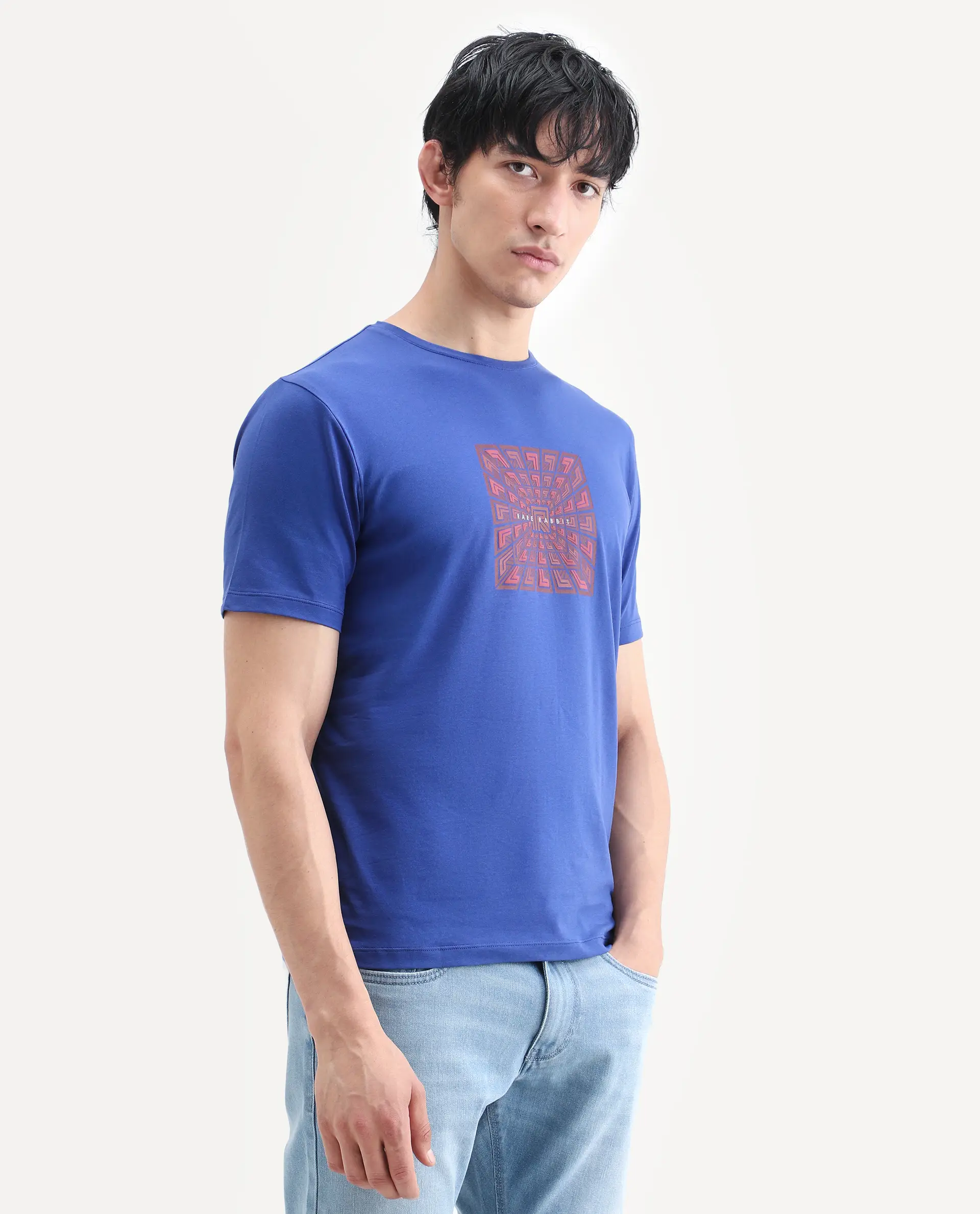Rare Rabbit Men's Rapo Flouroscent Blue Cotton Blend Fabric Half Sleeve Crew Neck Regular Fit Graphic Print T-Shirt - Image 5