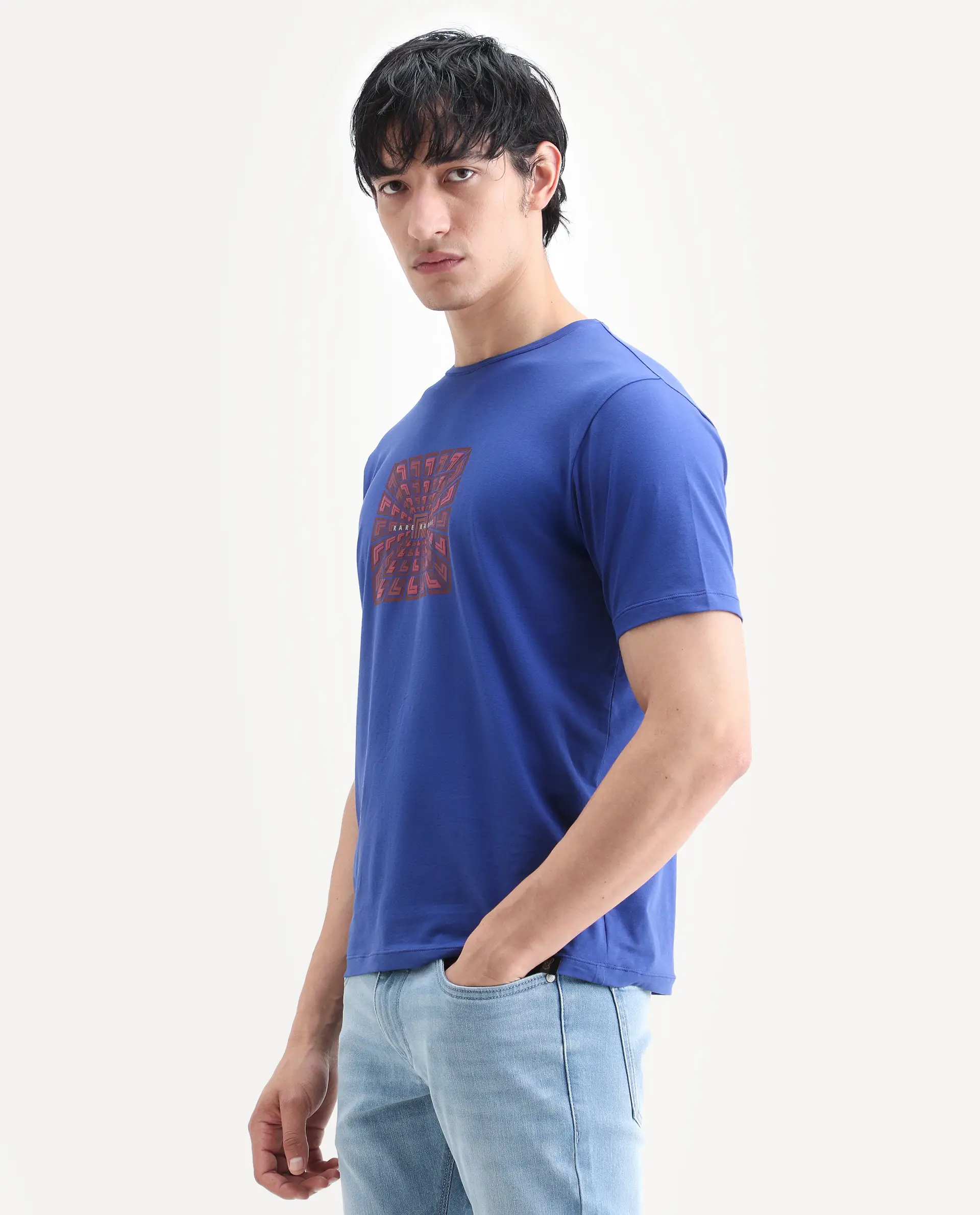 Rare Rabbit Men's Rapo Flouroscent Blue Cotton Blend Fabric Half Sleeve Crew Neck Regular Fit Graphic Print T-Shirt - Image 6