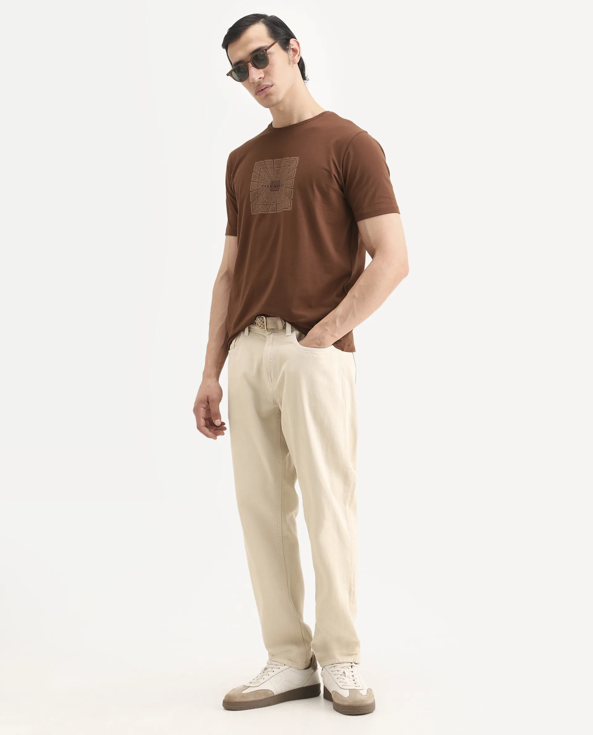 Rare Rabbit Men's Rapo Pastel Rust Cotton Blend Fabric Half Sleeve Crew Neck Regular Fit Graphic Print T-Shirt - Image 2