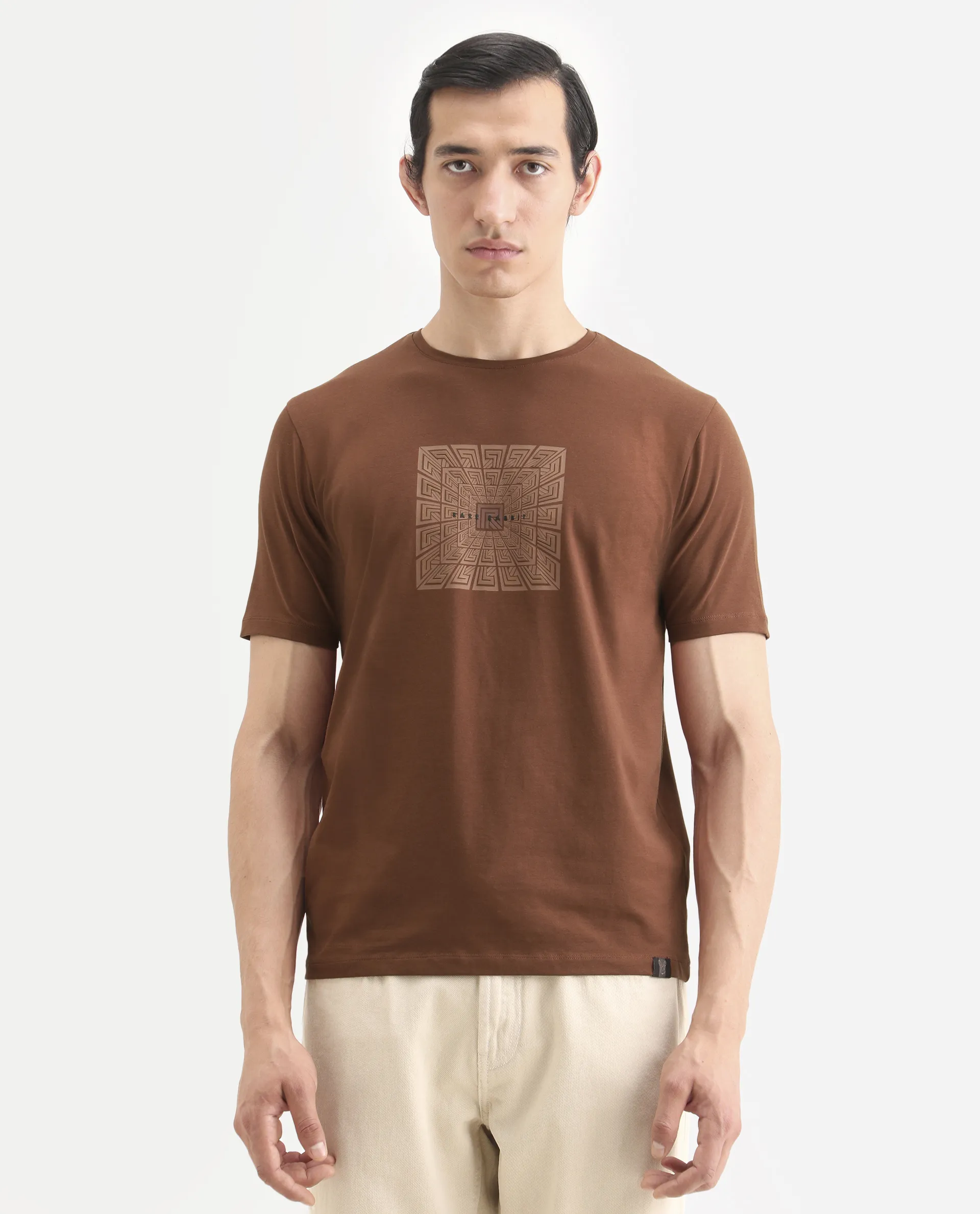 Rare Rabbit Men's Rapo Pastel Rust Cotton Blend Fabric Half Sleeve Crew Neck Regular Fit Graphic Print T-Shirt - Image 4