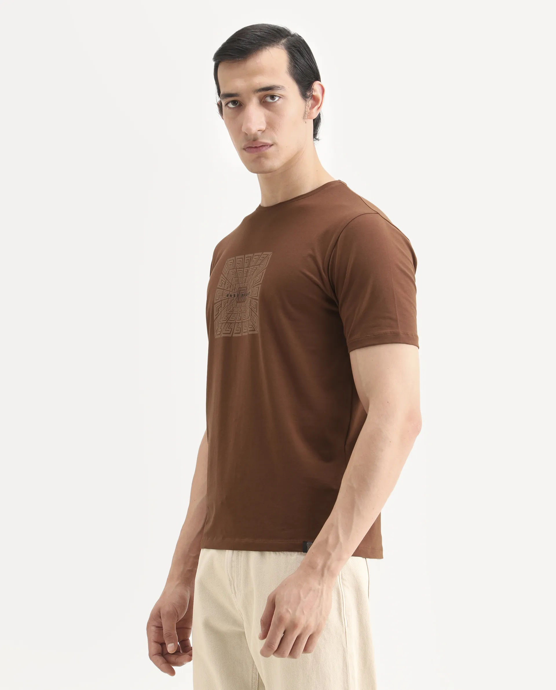 Rare Rabbit Men's Rapo Pastel Rust Cotton Blend Fabric Half Sleeve Crew Neck Regular Fit Graphic Print T-Shirt - Image 5