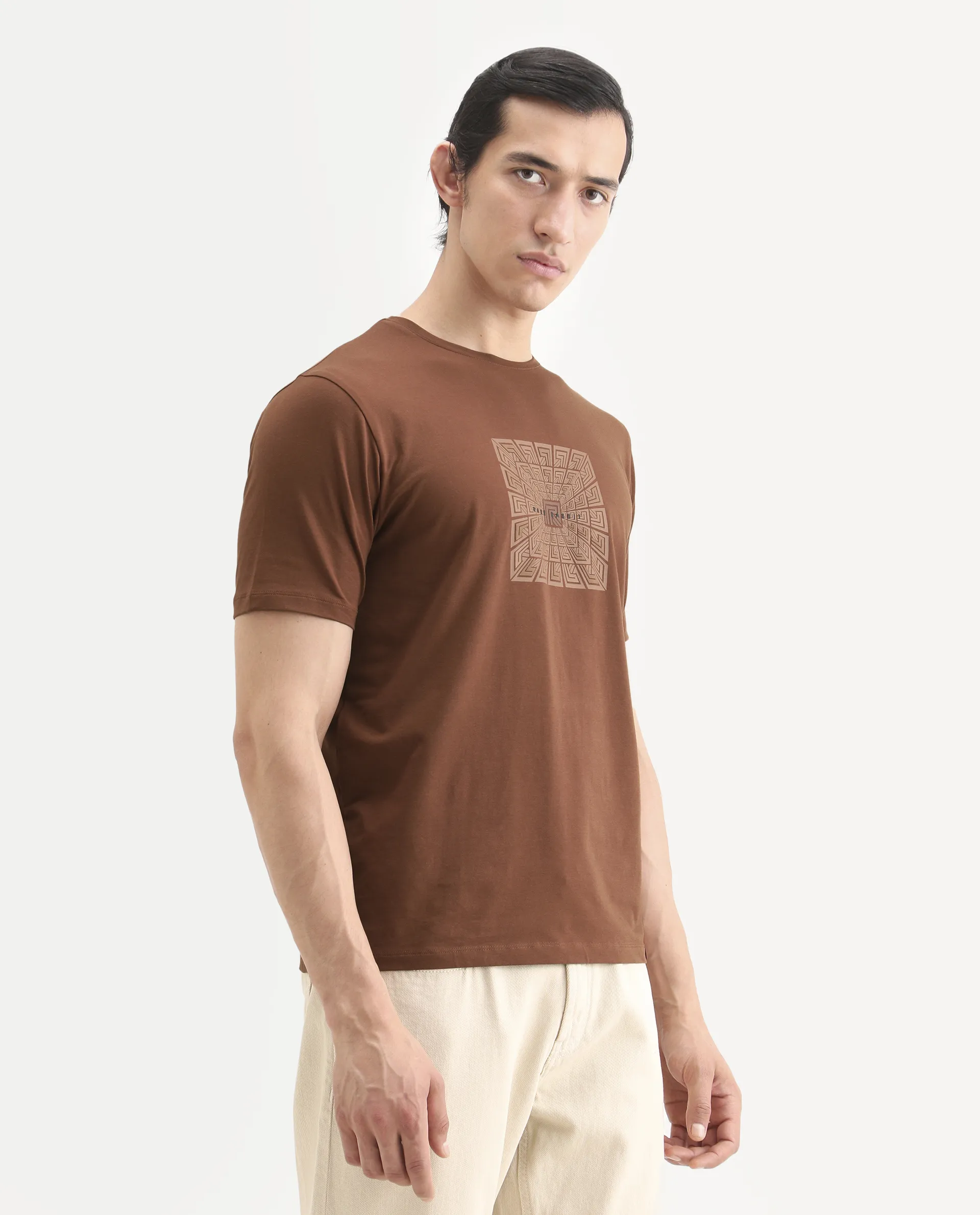 Rare Rabbit Men's Rapo Pastel Rust Cotton Blend Fabric Half Sleeve Crew Neck Regular Fit Graphic Print T-Shirt - Image 6
