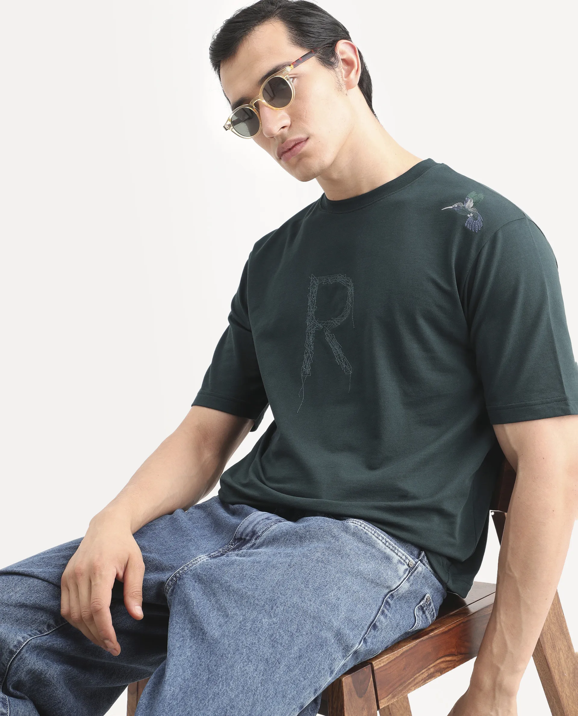 Rare Rabbit Men's Rapot Dusky Green Cotton Fabric Half Sleeve Crew Neck Oversize Fit Graphic Print T-Shirt