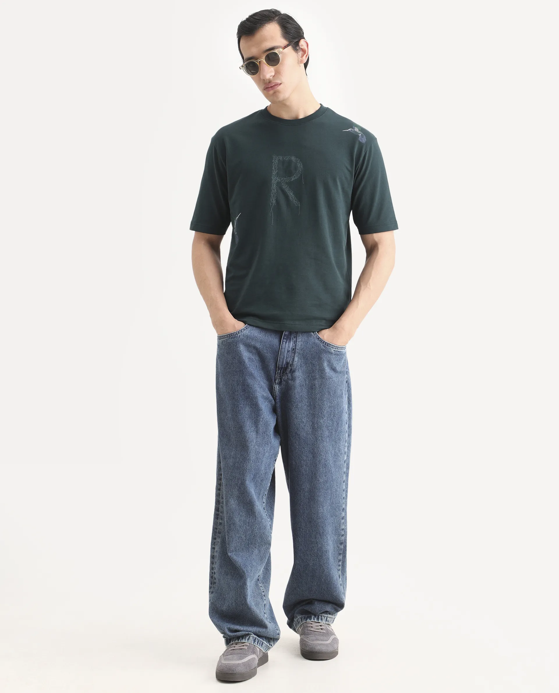 Rare Rabbit Men's Rapot Dusky Green Cotton Fabric Half Sleeve Crew Neck Oversize Fit Graphic Print T-Shirt - Image 2