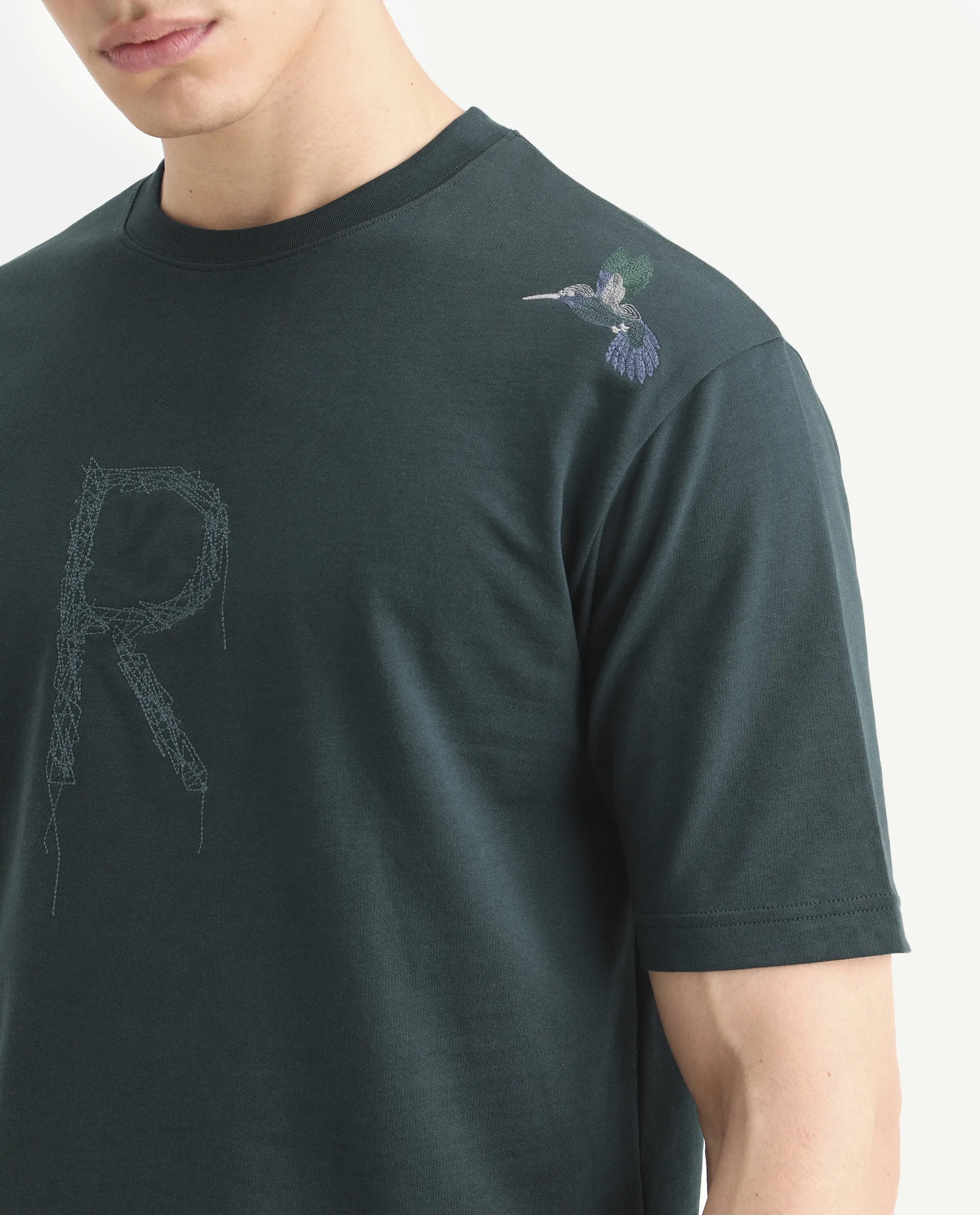 Rare Rabbit Men's Rapot Dusky Green Cotton Fabric Half Sleeve Crew Neck Oversize Fit Graphic Print T-Shirt - Image 3