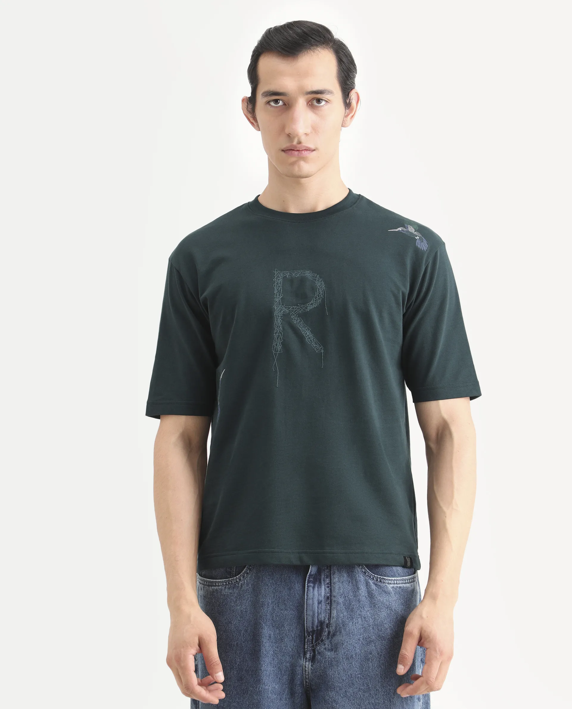 Rare Rabbit Men's Rapot Dusky Green Cotton Fabric Half Sleeve Crew Neck Oversize Fit Graphic Print T-Shirt - Image 4