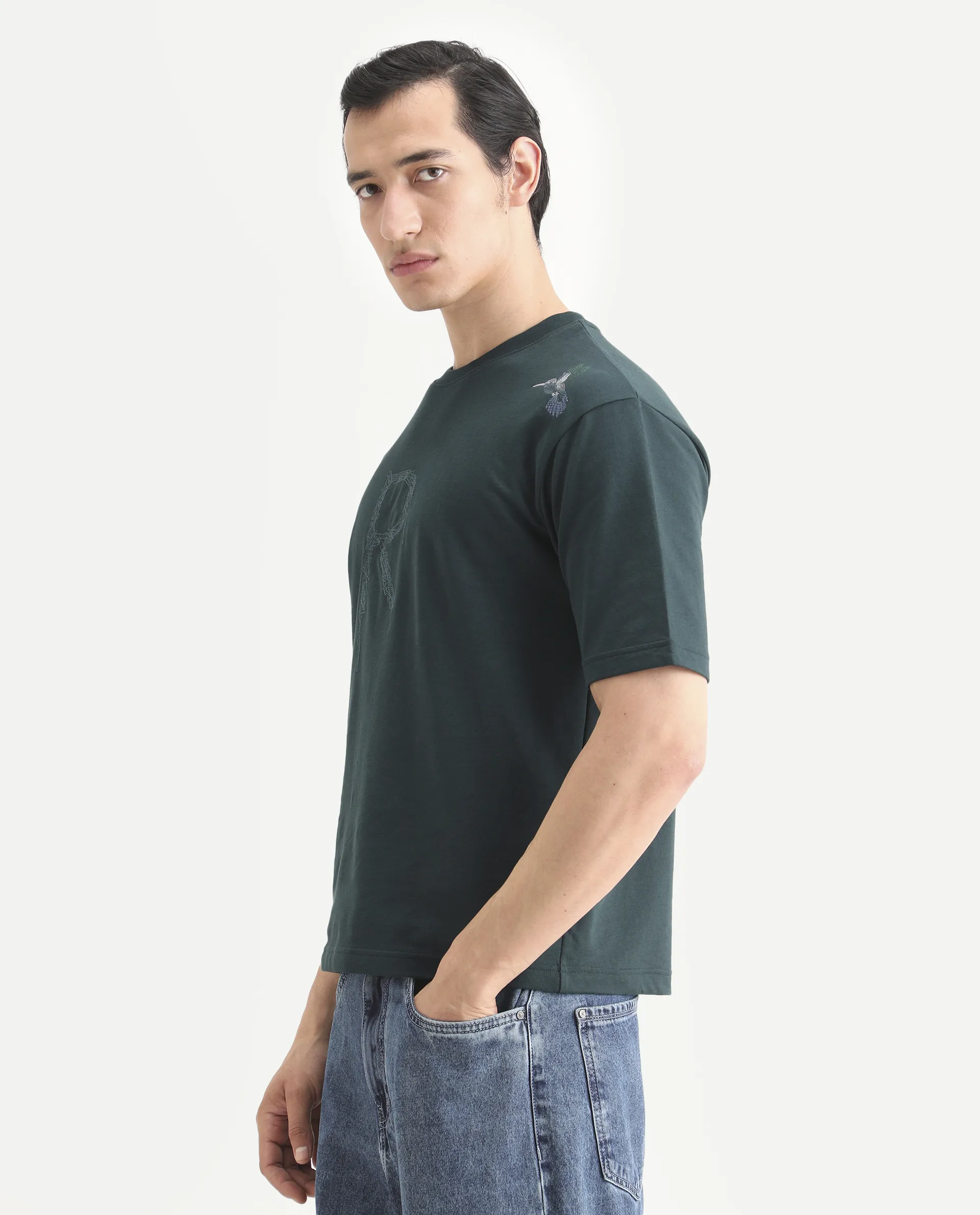 Rare Rabbit Men's Rapot Dusky Green Cotton Fabric Half Sleeve Crew Neck Oversize Fit Graphic Print T-Shirt - Image 5