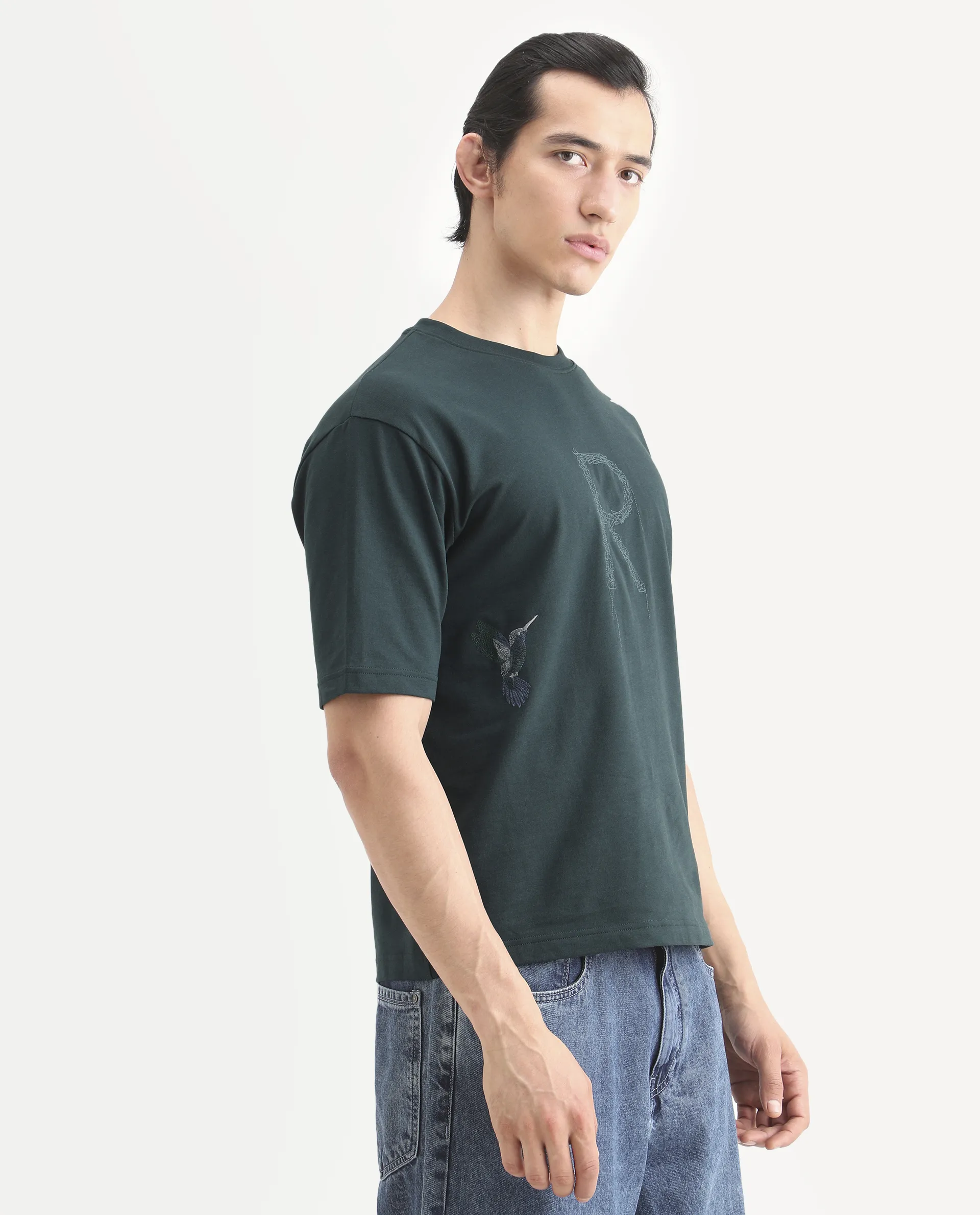 Rare Rabbit Men's Rapot Dusky Green Cotton Fabric Half Sleeve Crew Neck Oversize Fit Graphic Print T-Shirt - Image 6