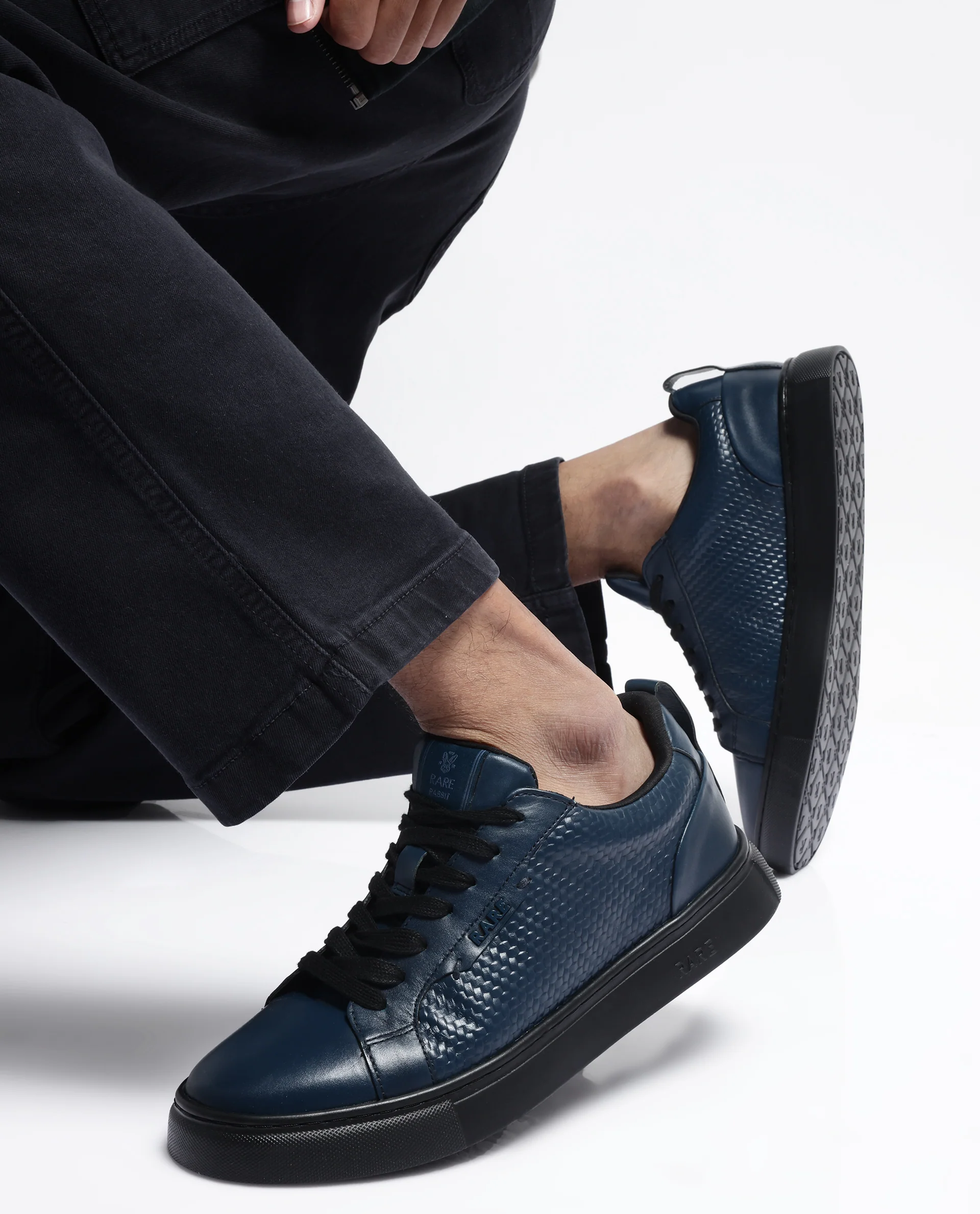 Rare Rabbit Mens Rapso Dark Navy Round Toe Low-Top Embossed Lace-Up Sneaker Shoes - Image 8
