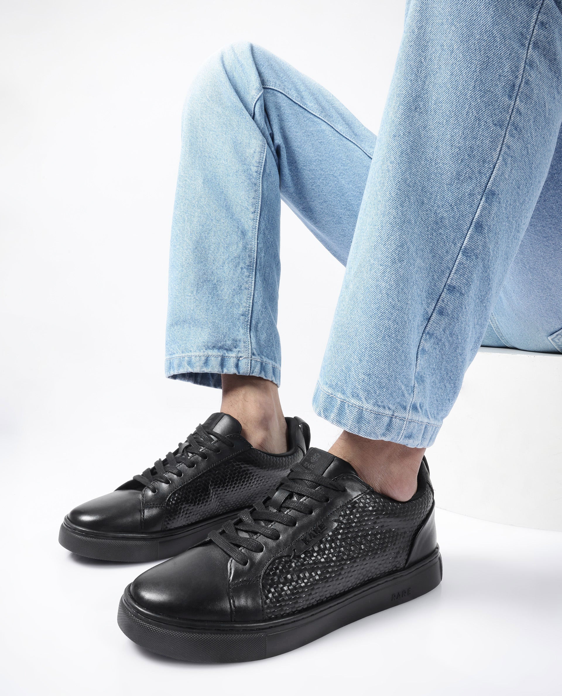 Rare Rabbit Mens Rapso Black Round Toe Low-Top Embossed Lace-Up Sneaker Shoes - Image 2