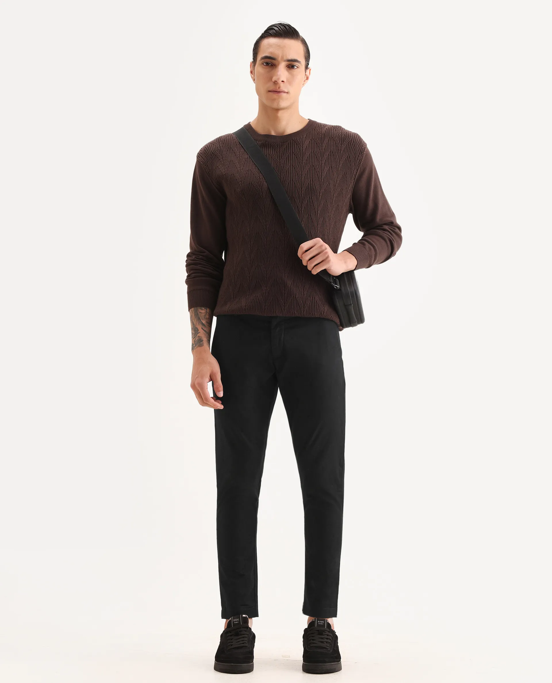 Rare Rabbit Men's Raptor Black Cotton Jacquard Slim Fit Trouser