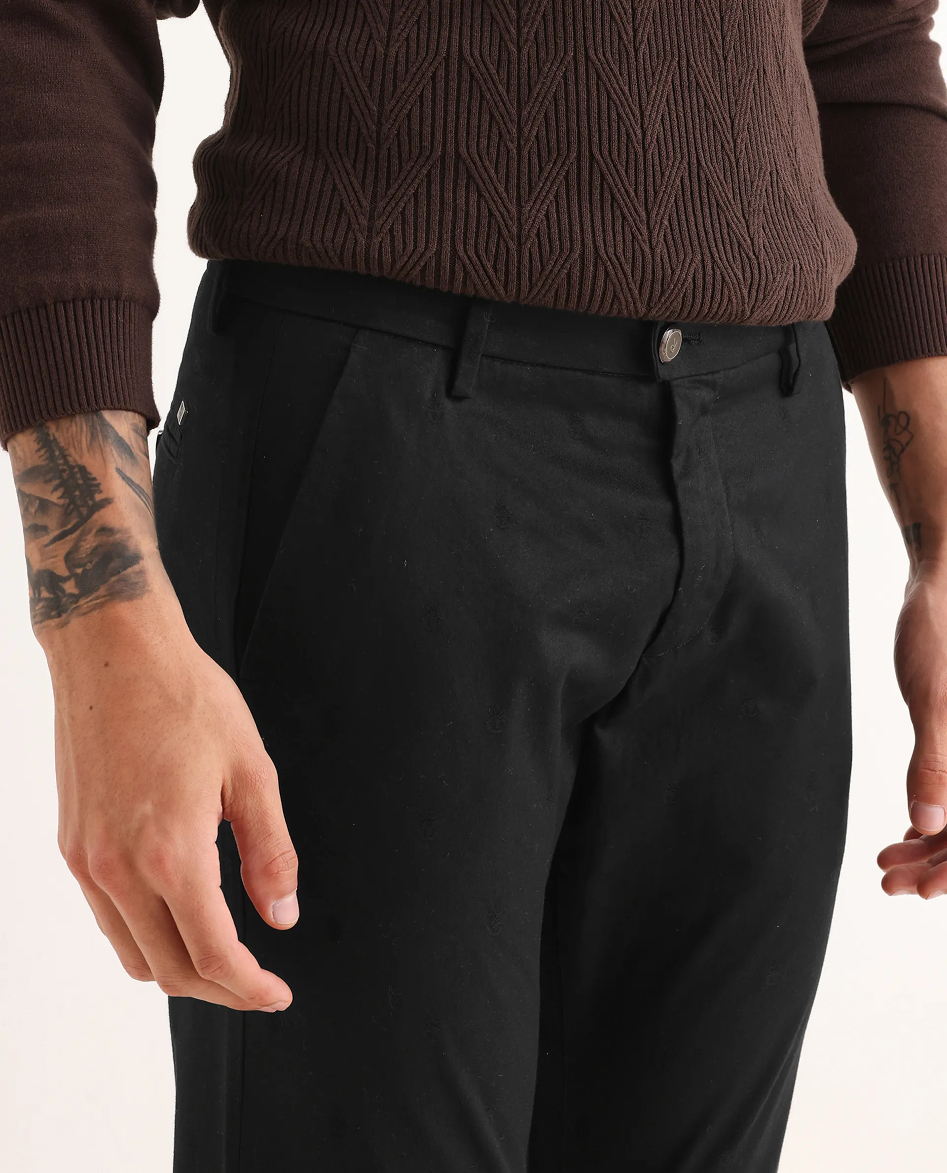Rare Rabbit Men's Raptor Black Cotton Jacquard Slim Fit Trouser - Image 3