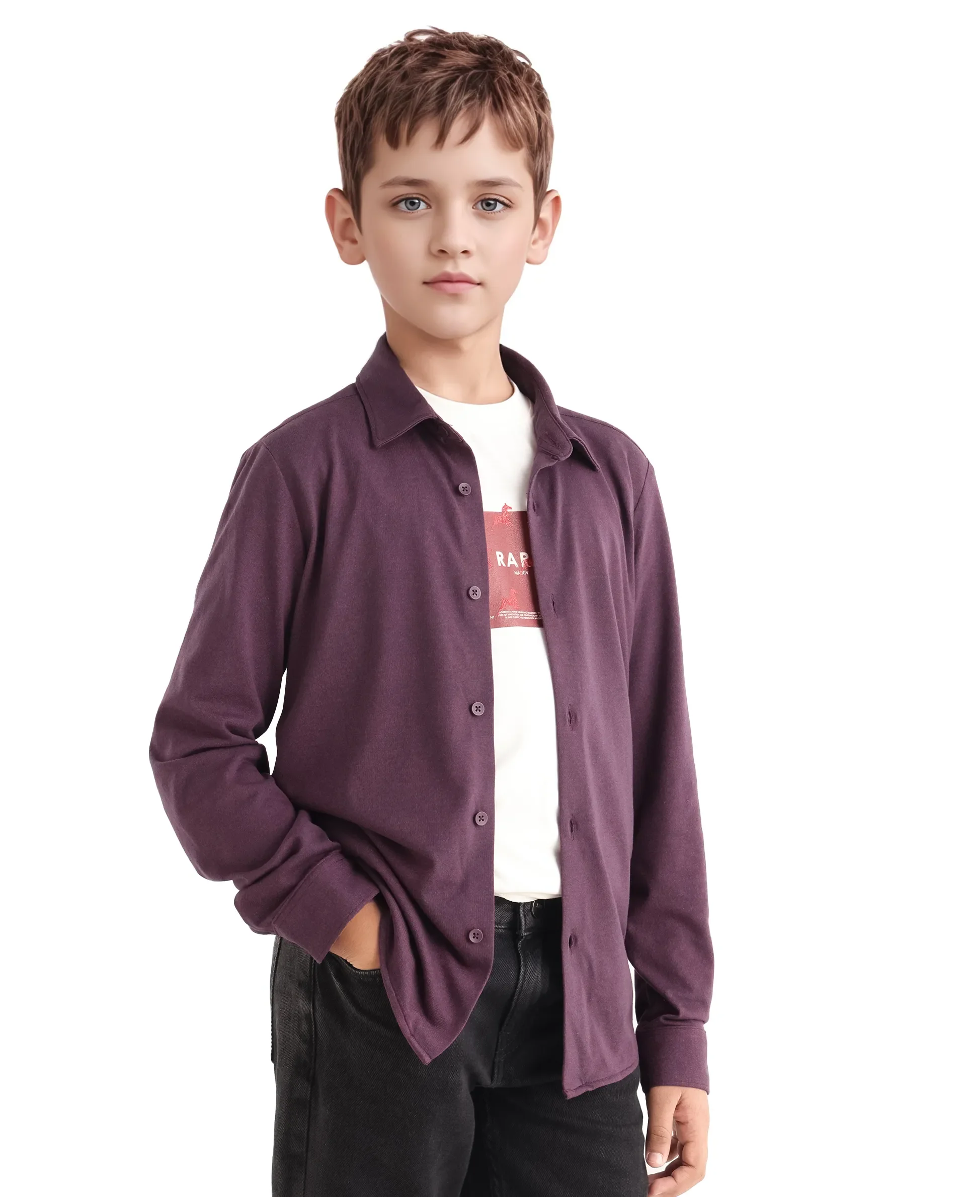 Rare Ones Kids Bler-K Maroon Cotton Blend Plain Button Closure Regular Fit Shirt - Image 4